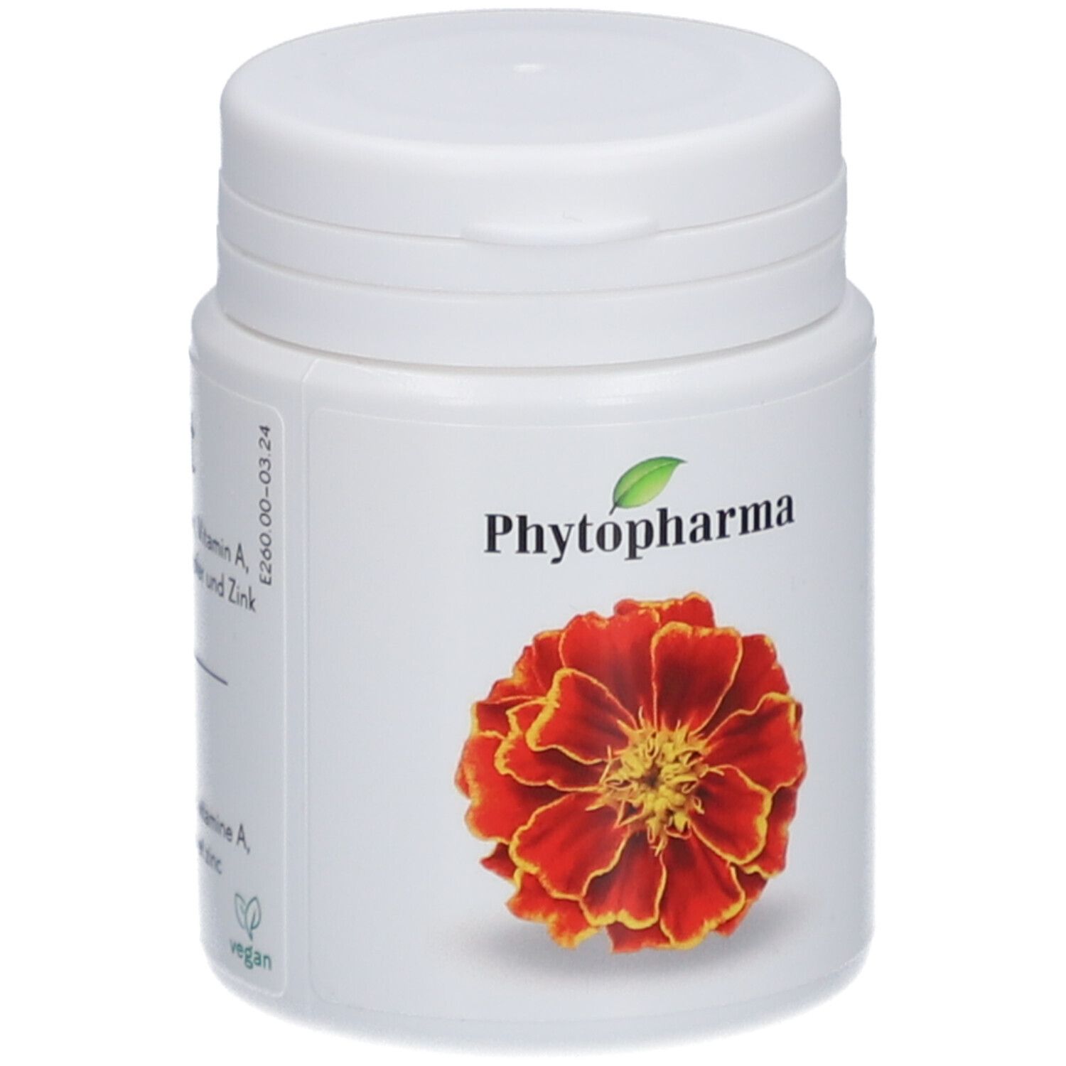 Boîte blanche avec fleur rouge et inscription Phytopharma. Sceau végétalien.