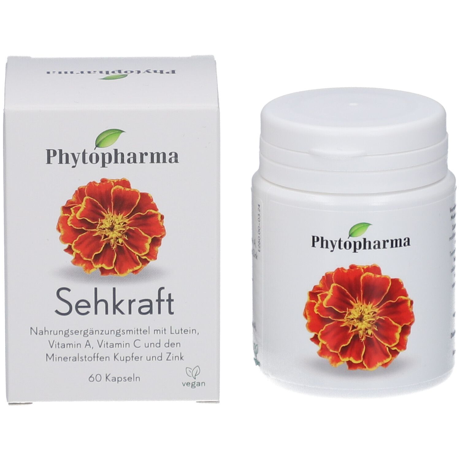 Emballage du produit avec boîte et boîte. Inscription Sehkraft, 60 capsules.