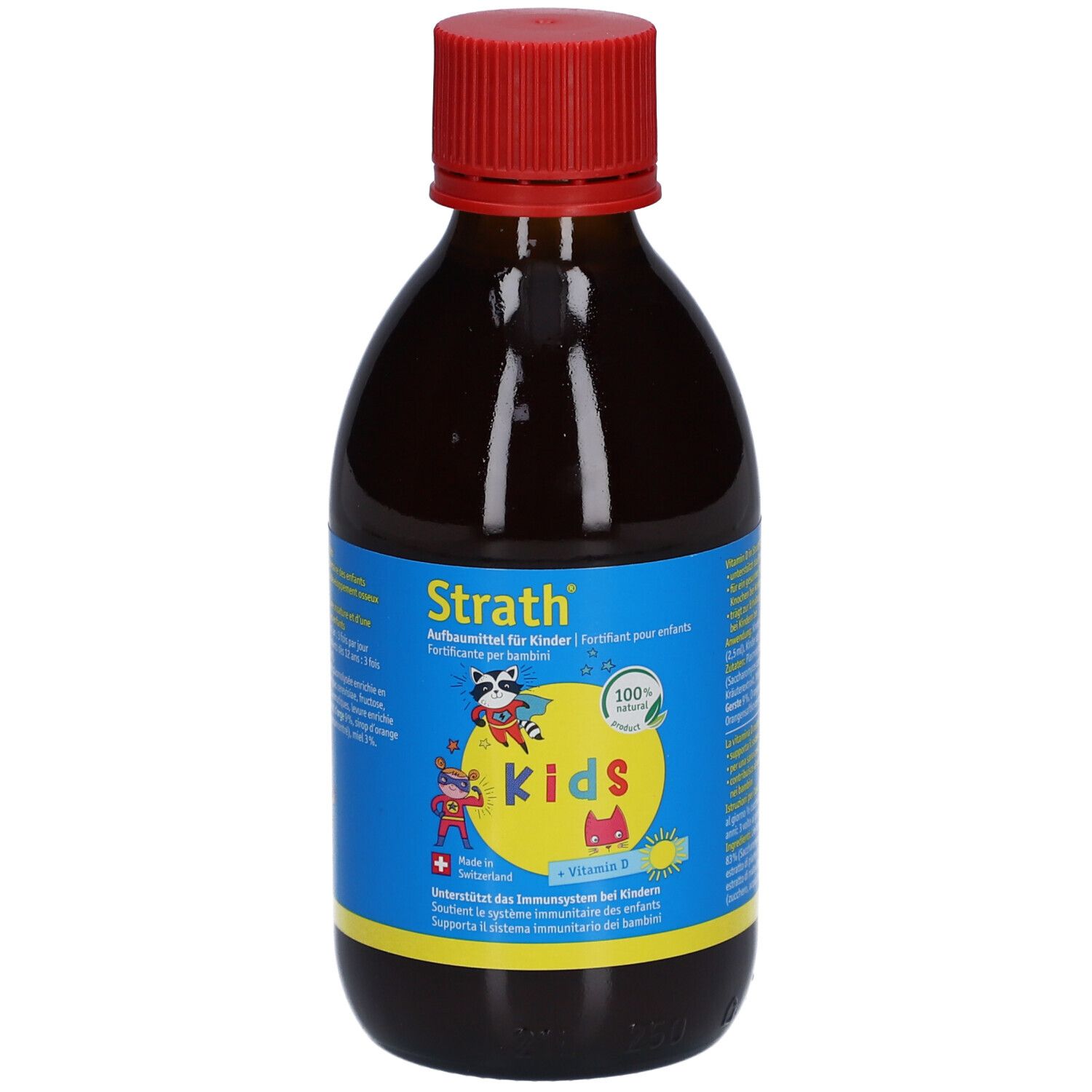 Braune Glasflasche mit rotem Deckel. Aufschrift Strath Kids, blaue Etikett mit Illustrationen und Text. Enthält Vitamin B6.