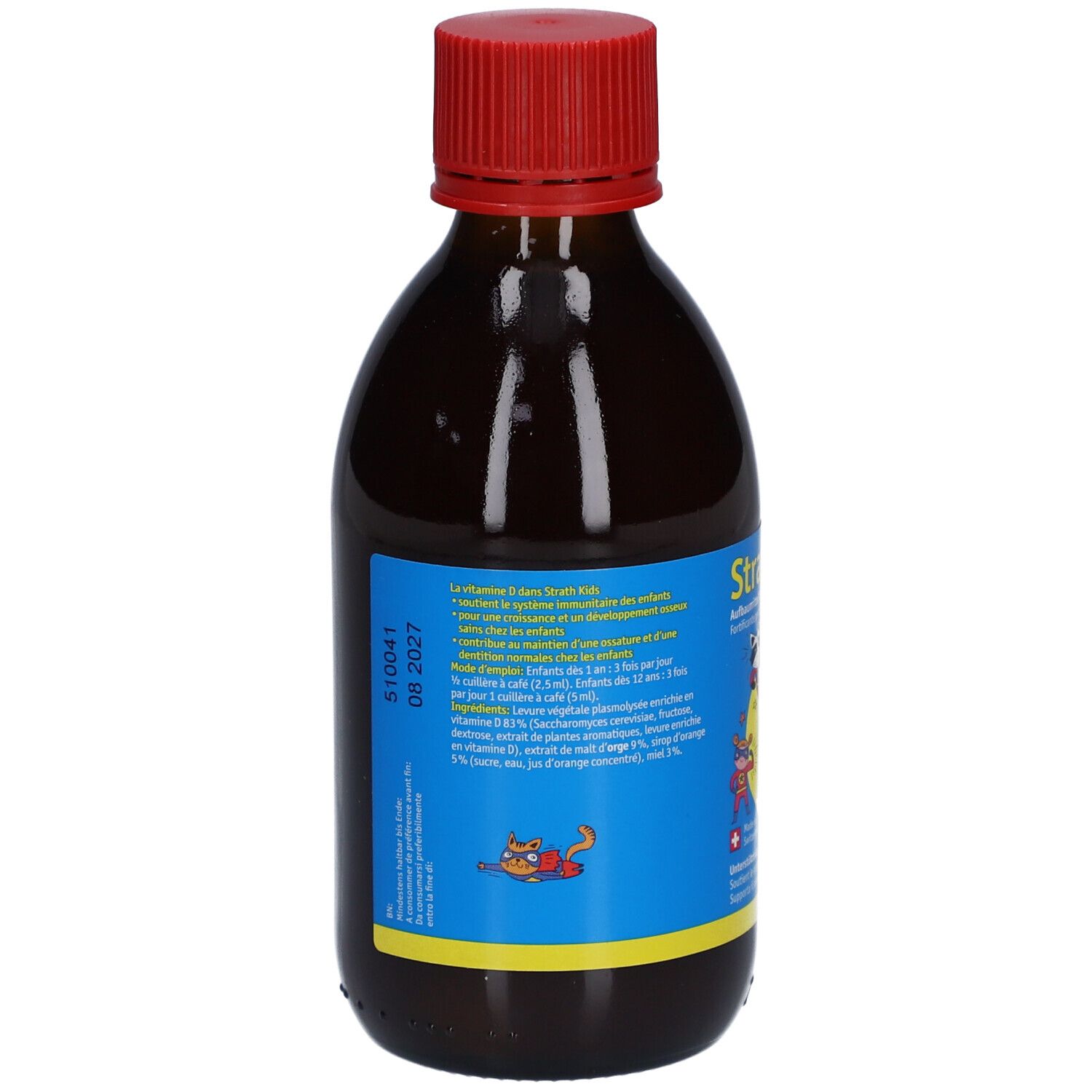 Braune Glasflasche mit rotem Deckel. Blaues Etikett mit Text und Illustrationen. Enthält Vitamin B6. Mindesthaltbarkeitsdatum 06.2027.