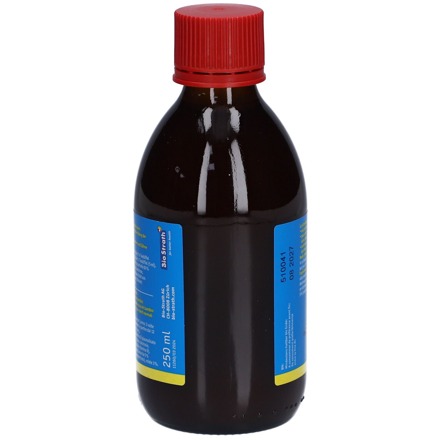 Braune Glasflasche mit rotem Deckel. Blaues Etikett mit Text. Enthält 250 ml. Mindesthaltbarkeitsdatum 06.2027.