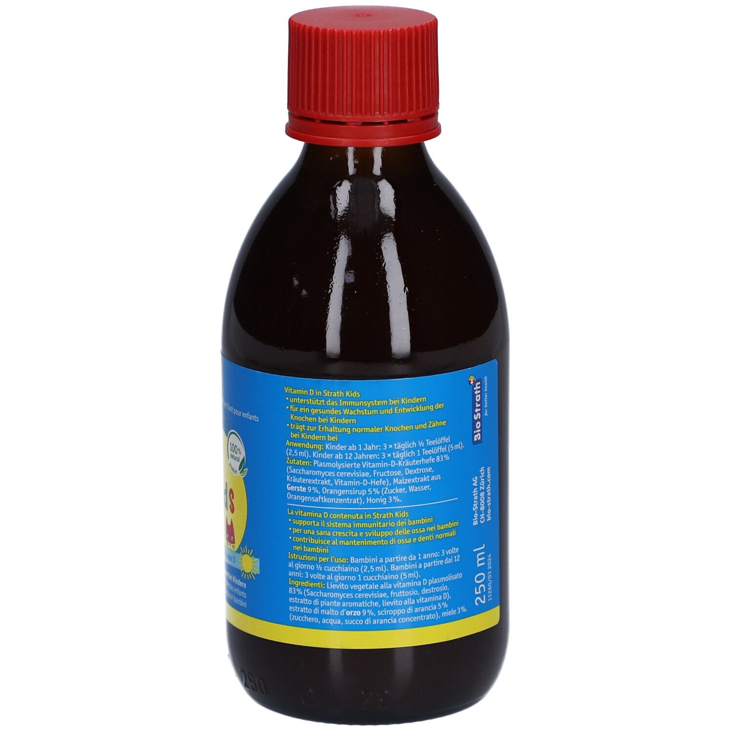 Braune Glasflasche mit rotem Deckel. Blaues Etikett mit Text und Illustrationen. Enthält 250 ml. Enthält Vitamin B6.