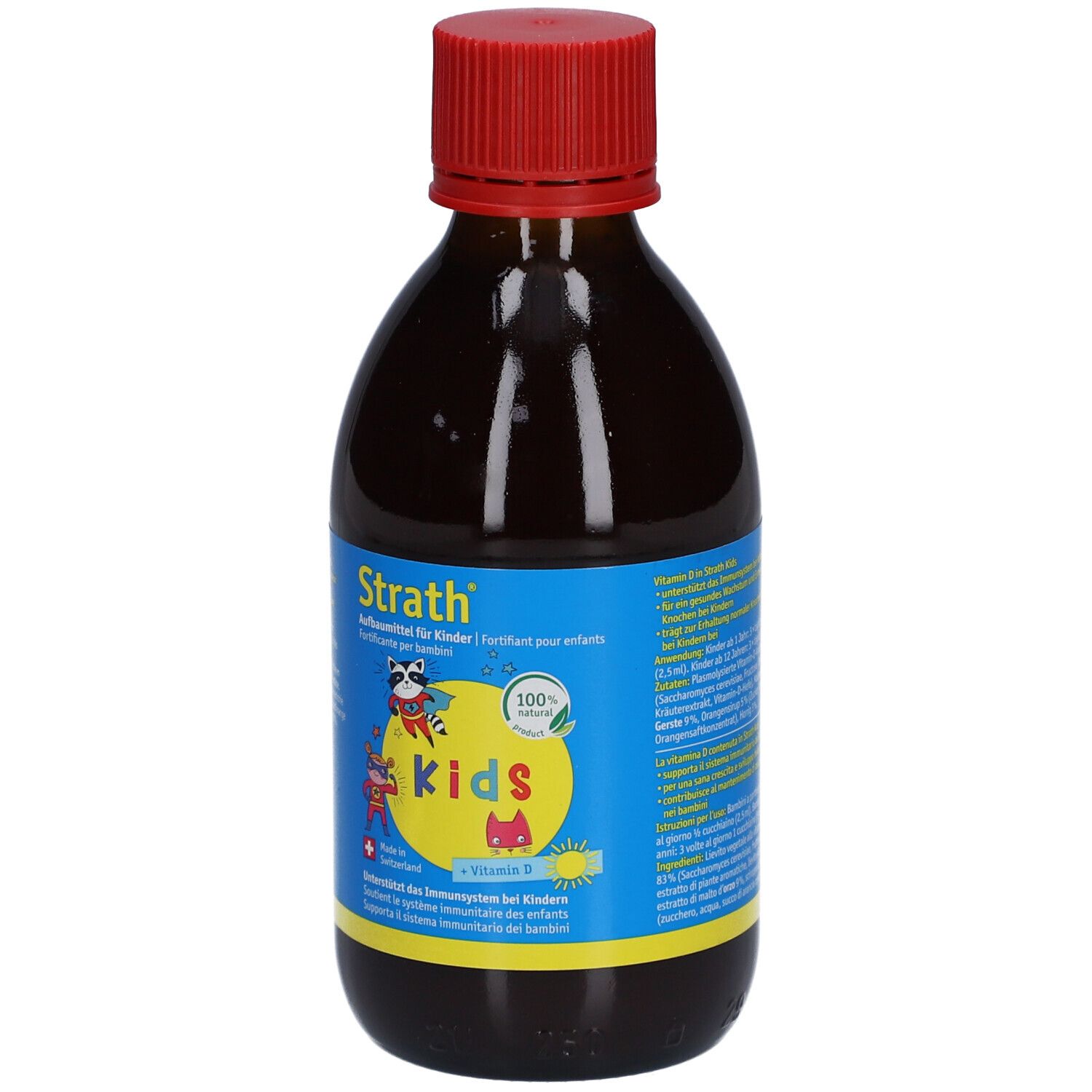 Braune Glasflasche mit rotem Deckel. Aufschrift Strath Kids, blaues Etikett mit Illustrationen und Text. Enthält Vitamin B6.