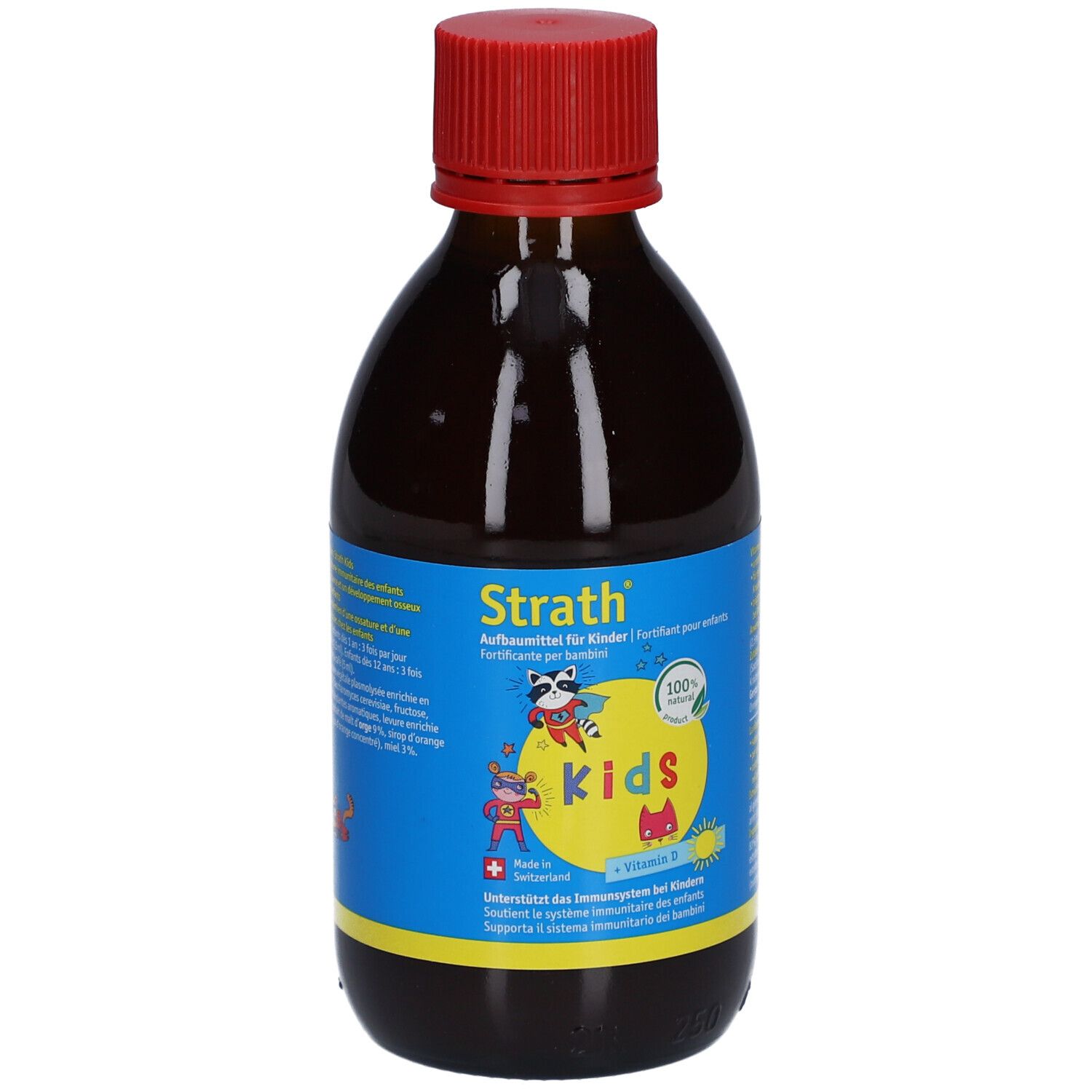 Braune Glasflasche mit rotem Deckel. Aufschrift Strath Kids, blaues Etikett mit Illustrationen und Text. Enthält Vitamin B6.
