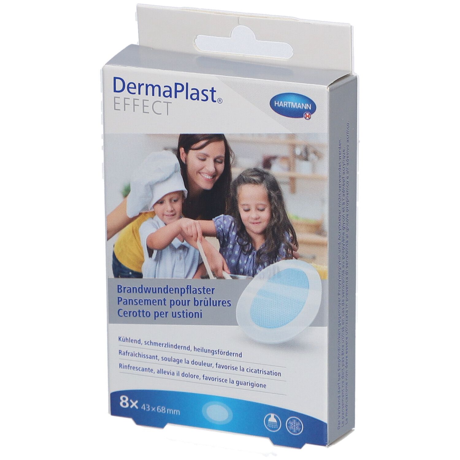 Verpackung von DermaPlast® Effect Brandwundenpflaster. 8 Stück, 43 x 68 mm. Bild zeigt eine Mutter und Kinder.