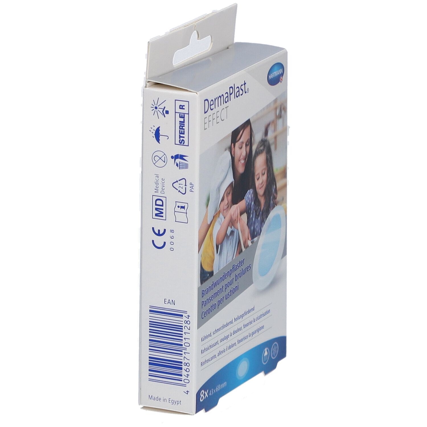 Seitenansicht der Verpackung von DermaPlast® Effect. Enthält 8 Pflaster, 43 x 68 mm. Mit CE-Kennzeichnung.