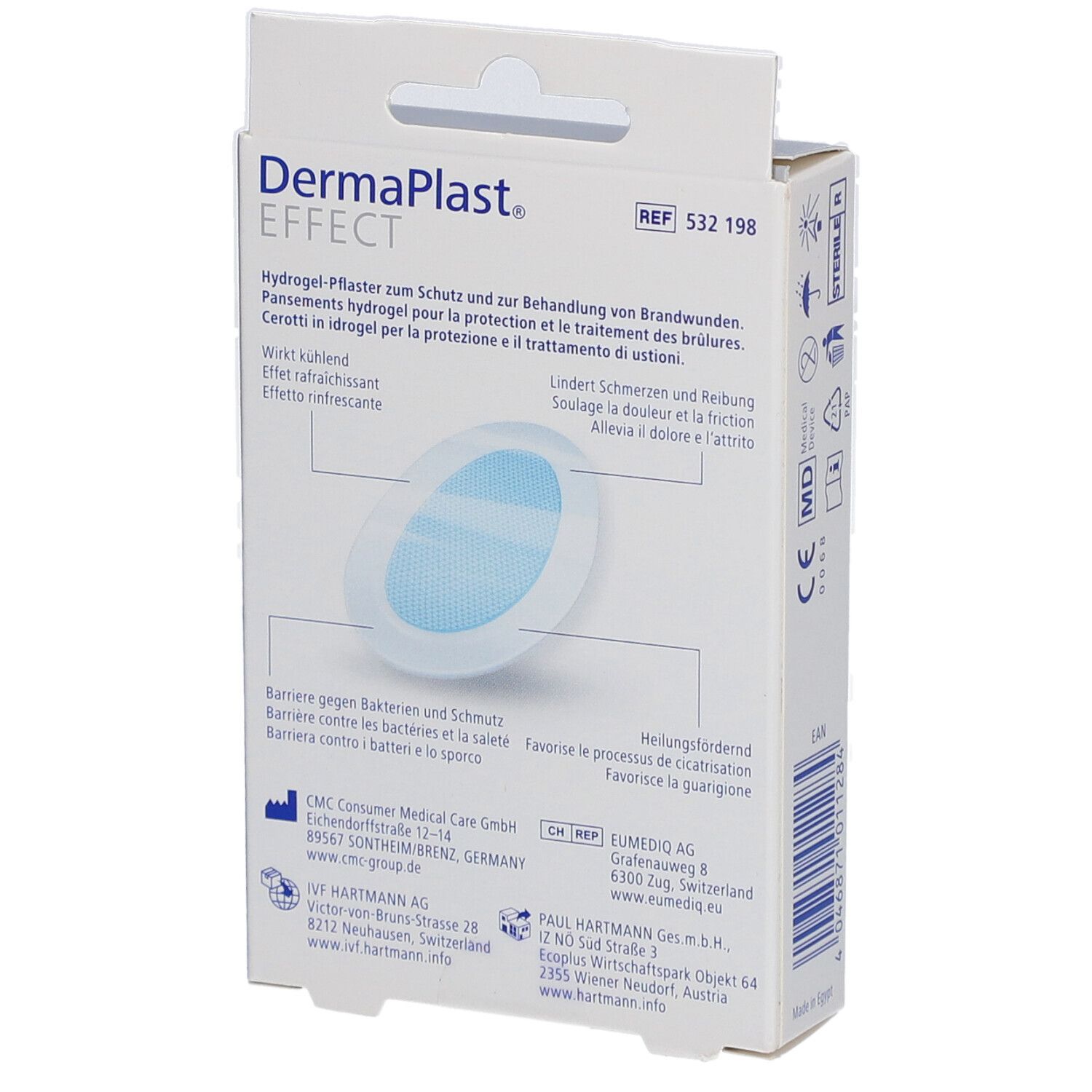 Rückseite der Verpackung von DermaPlast® Effect. Informationen zu den Pflastern. Mit CE-Kennzeichnung.