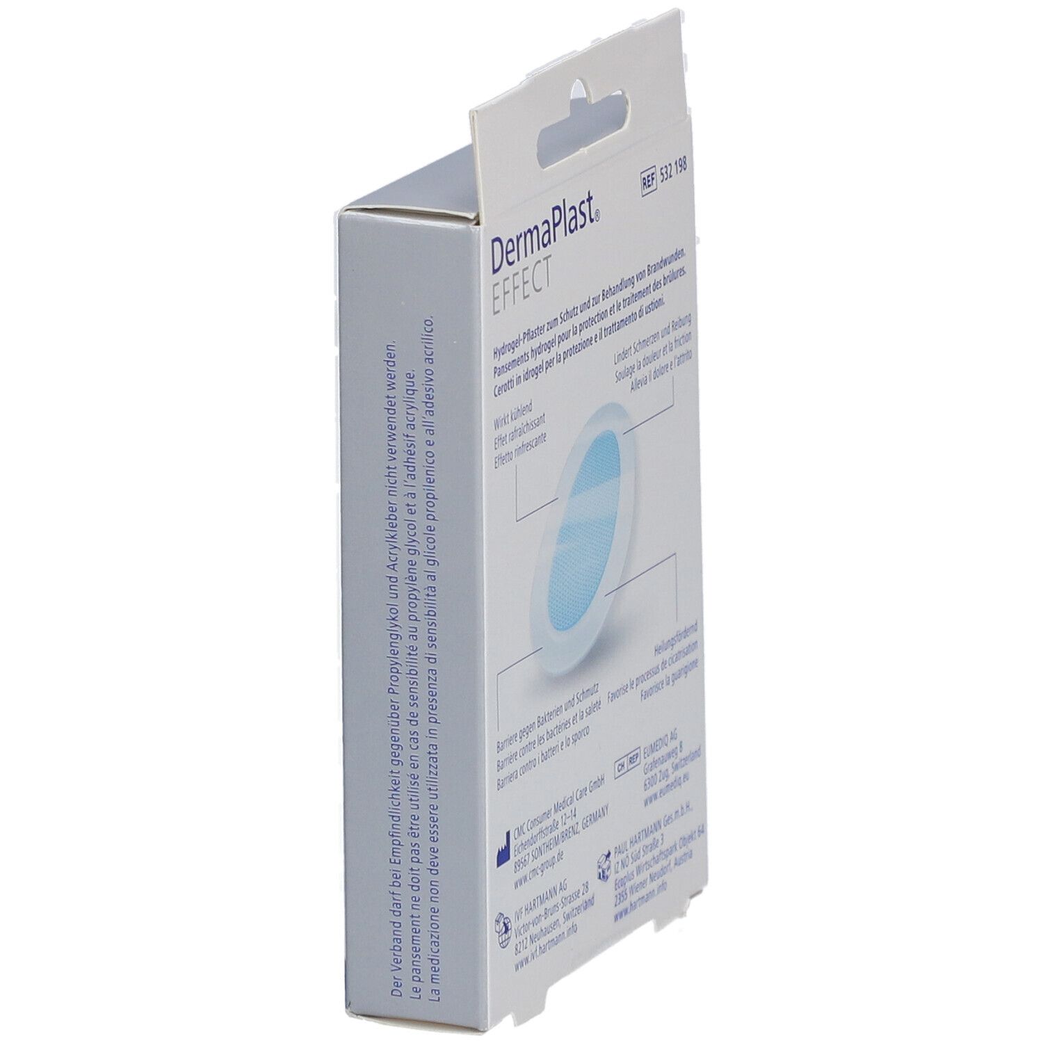 Seitenansicht der Verpackung von DermaPlast® Effect. Textinformationen und Recycling-Symbol.