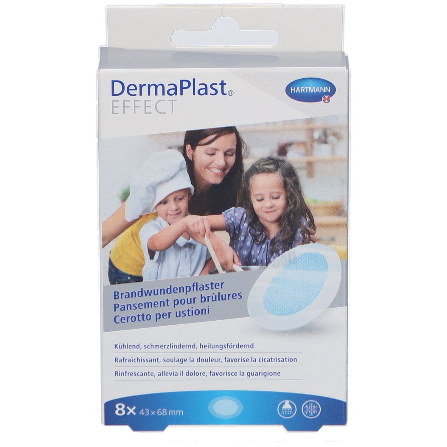 Vorderansicht der Verpackung von DermaPlast® Effect. 8 Pflaster, 43 x 68 mm. Bild von Mutter und Kindern.