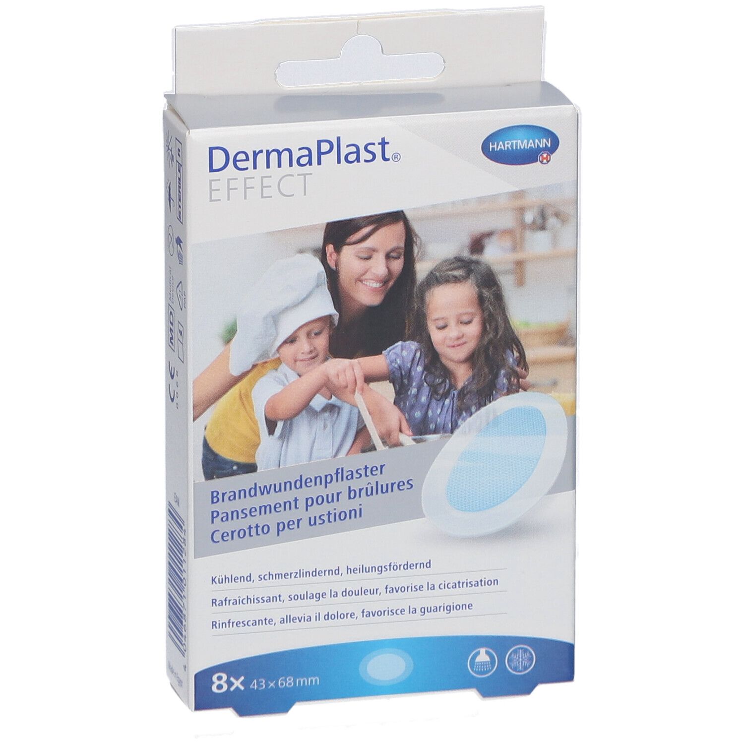 Vorderansicht der Verpackung von DermaPlast® Effect. 8 Pflaster, 43 x 68 mm. Mit Logo und Bild.