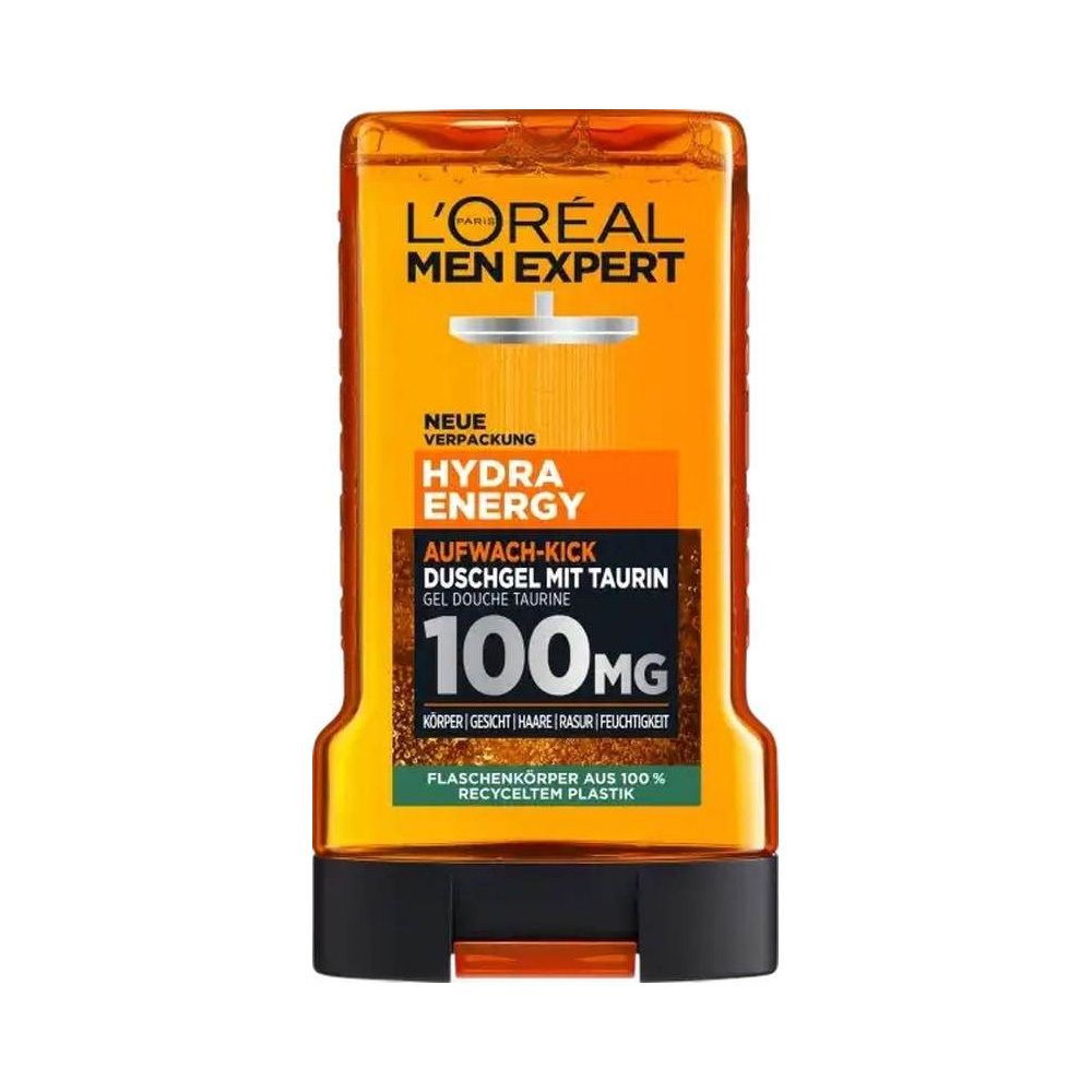 Gel douche orange L'Oréal Men Expert. Inscription Hydra Energy, 100mg. Bouteille en plastique recyclé.