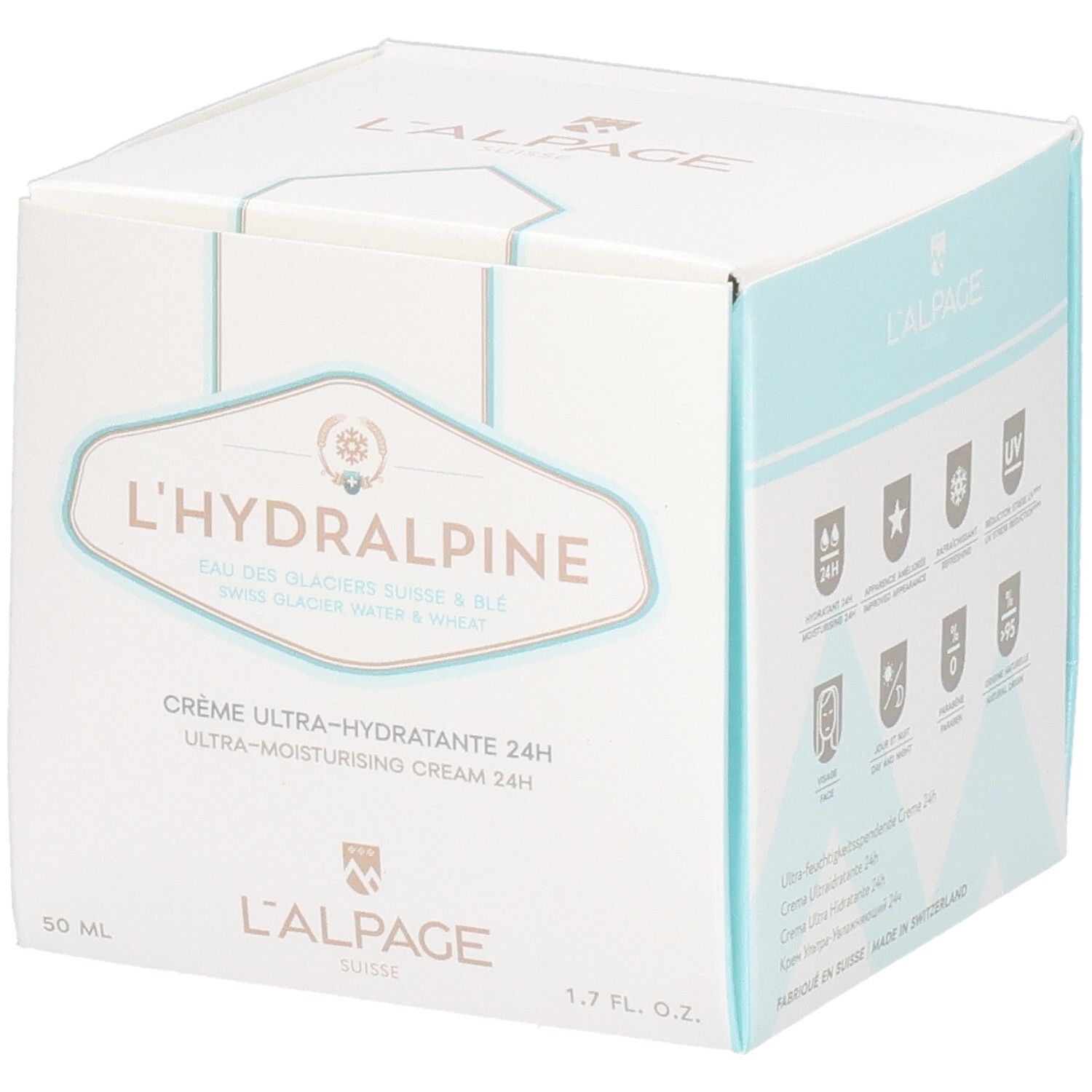 Weißer Karton mit L'Hydralpine-Logo. Text: Crème Ultra-Hydratante 24H. 1.7 fl. oz. und 50 ml.