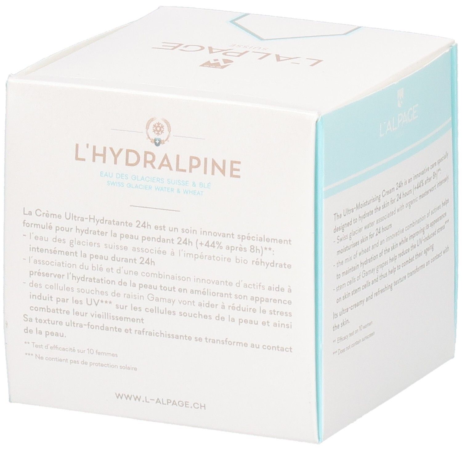 Weißer Karton mit L'Hydralpine-Logo. Text auf der Seite. 1.7 fl. oz. und 50 ml.