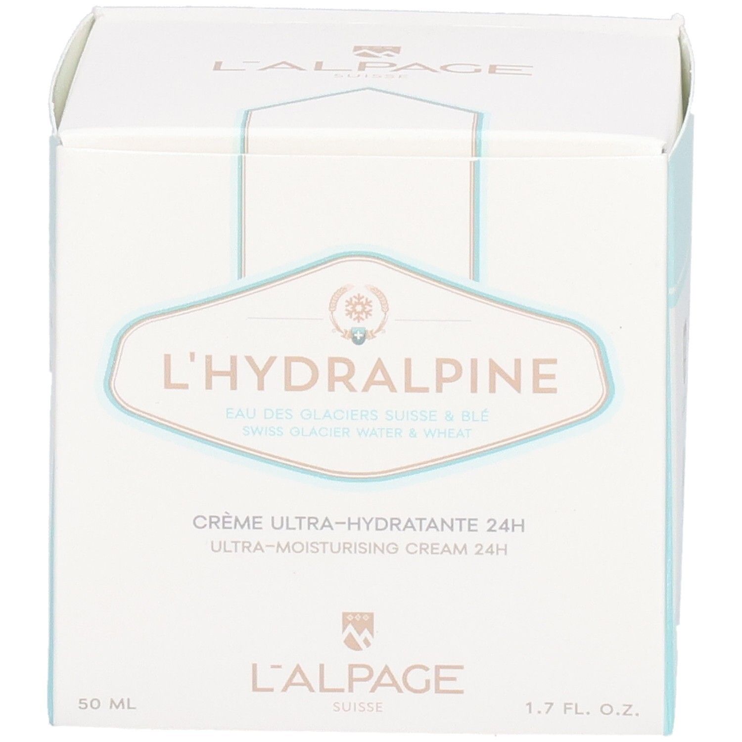 Weißer Karton mit L'Hydralpine-Logo. Text: Crème Ultra-Hydratante 24H. 1.7 fl. oz. und 50 ml.