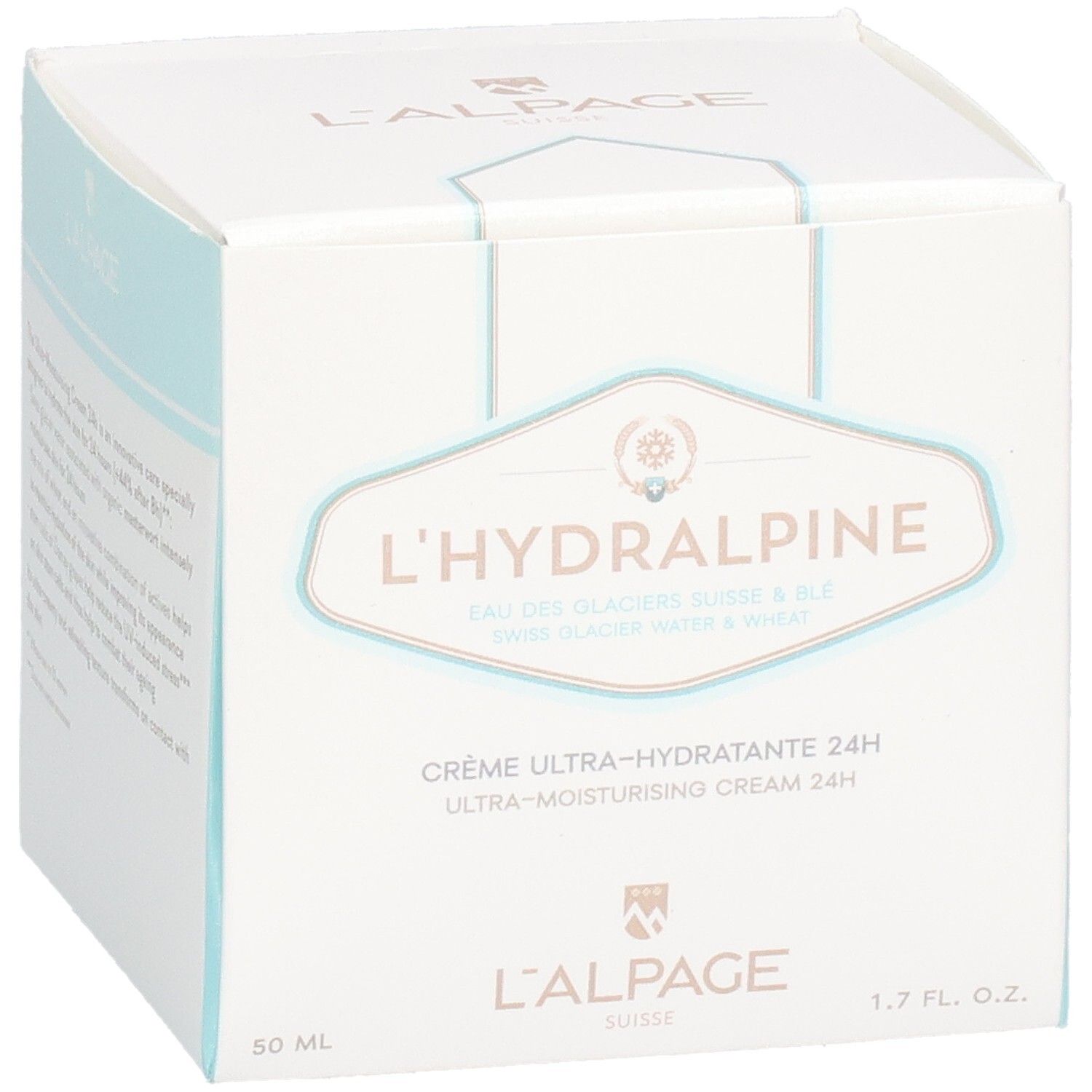 Weißer Karton mit L'Hydralpine-Logo. Text: Crème Ultra-Hydratante 24H. 1.7 fl. oz. und 50 ml.