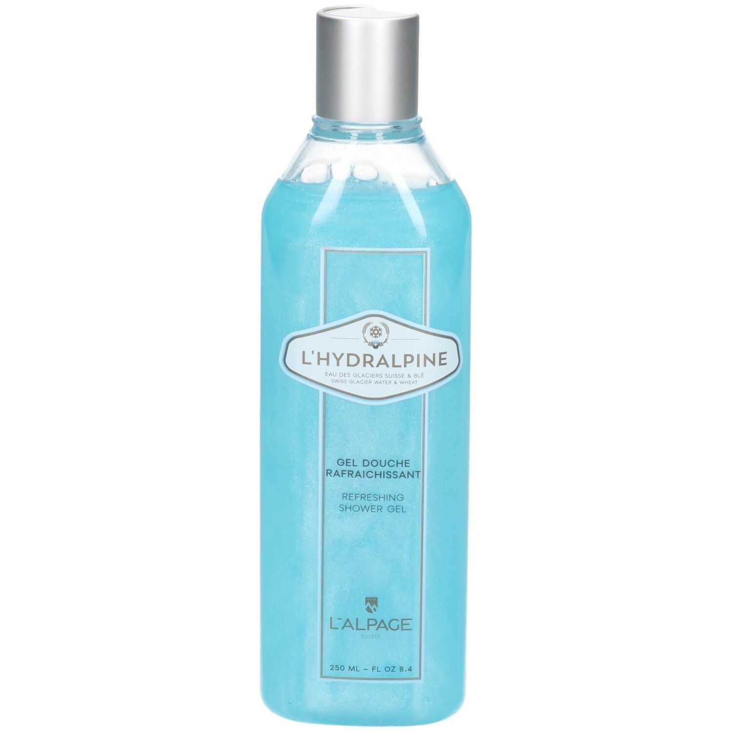 Klare blaue Duschgel-Flasche mit silbernem Verschluss. Enthält L'Hydralpine und L'Alpage Marken.