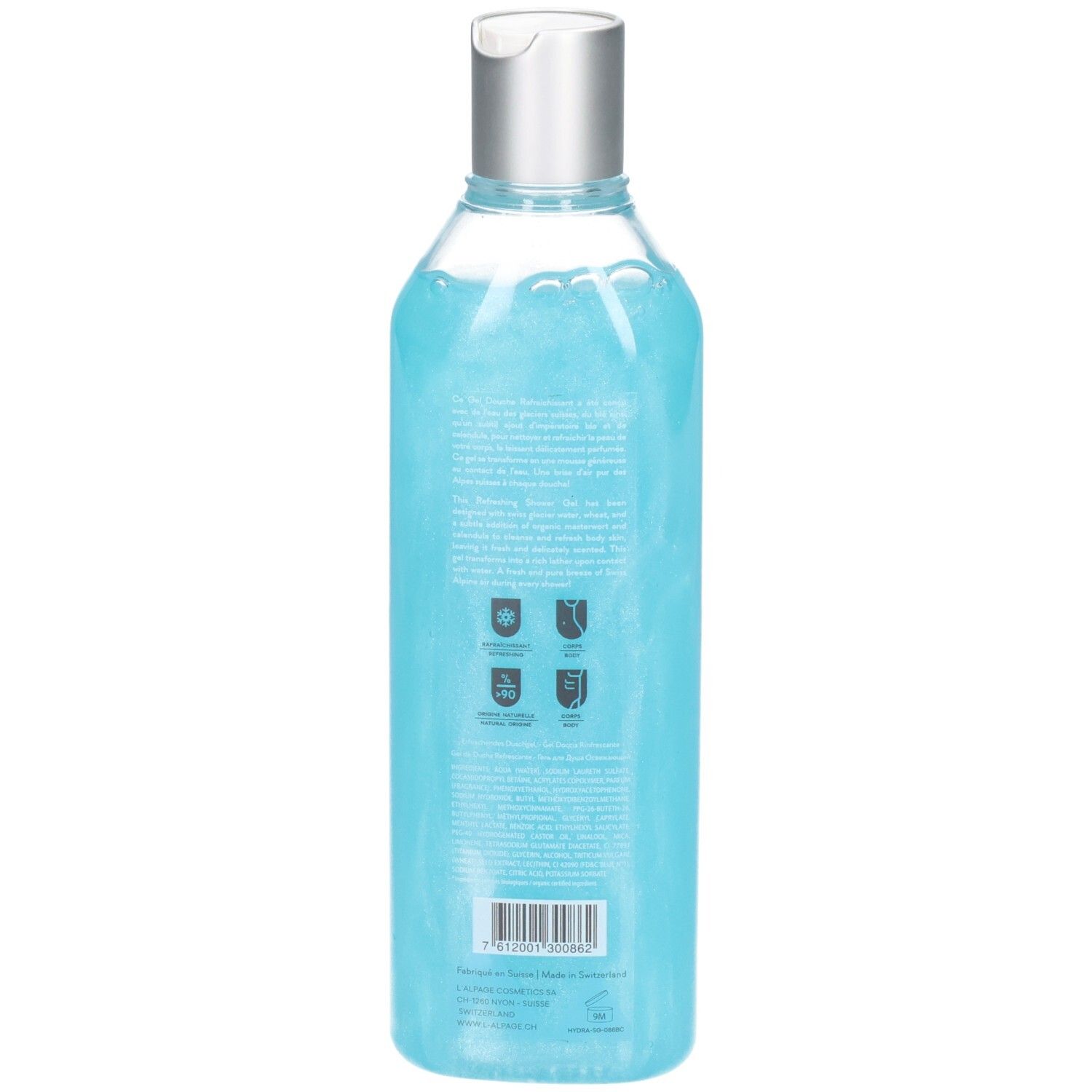 Klare Flasche mit blauem Gel und silbernem Verschluss. Enthält Symbole für Hautverträglichkeit und Inhaltsstoffe.