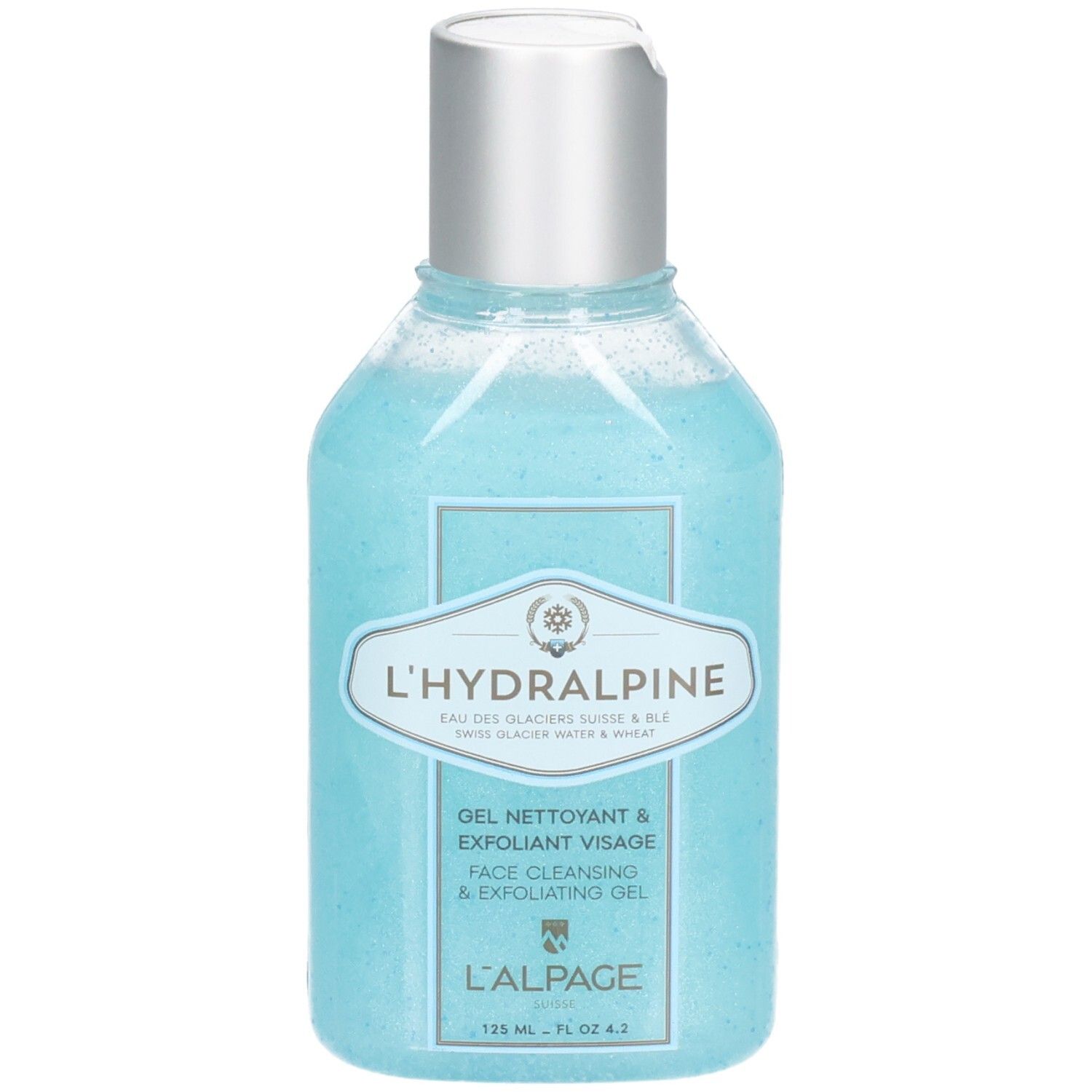 Blaues Gel in einer Flasche mit silbernem Deckel. Aufschrift: L'Hydralpine, Gel Nettoyant & Exfoliant Visage, Face Cleansing & Exfoliating Gel.