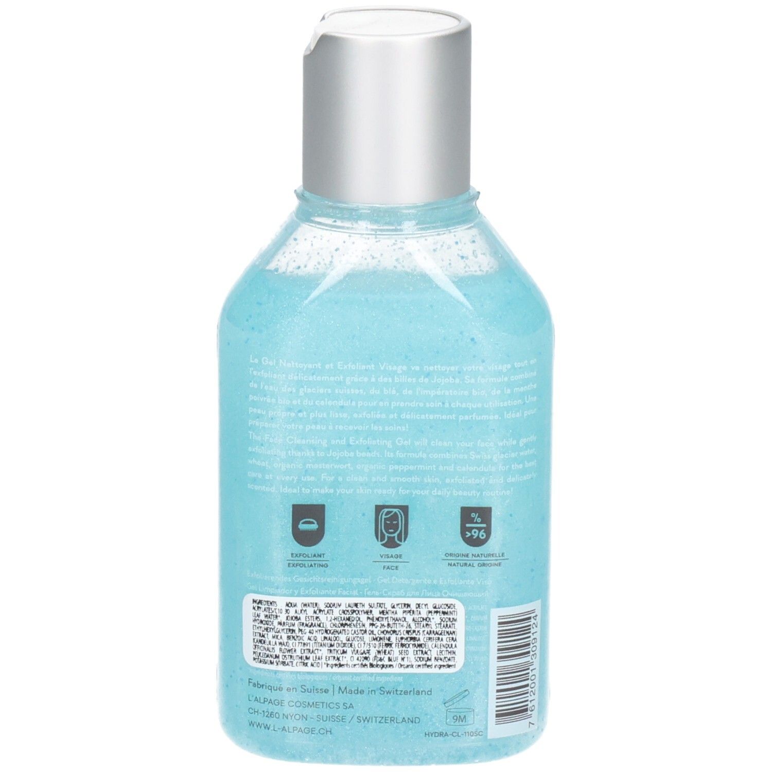 Rückseite der Flasche mit blauem Gel. Text: Inhaltsstoffe, Informationen. Symbole: Recycling, Hautverträglichkeit, 96% natürliche Inhaltsstoffe.