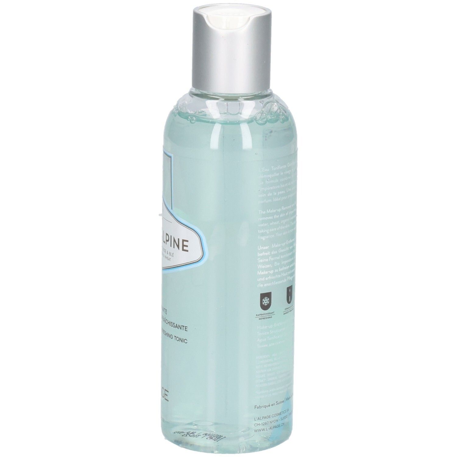 Rückansicht einer transparenten Flasche mit silbernem Deckel. Etikett mit Text. Blaue Flüssigkeit sichtbar.