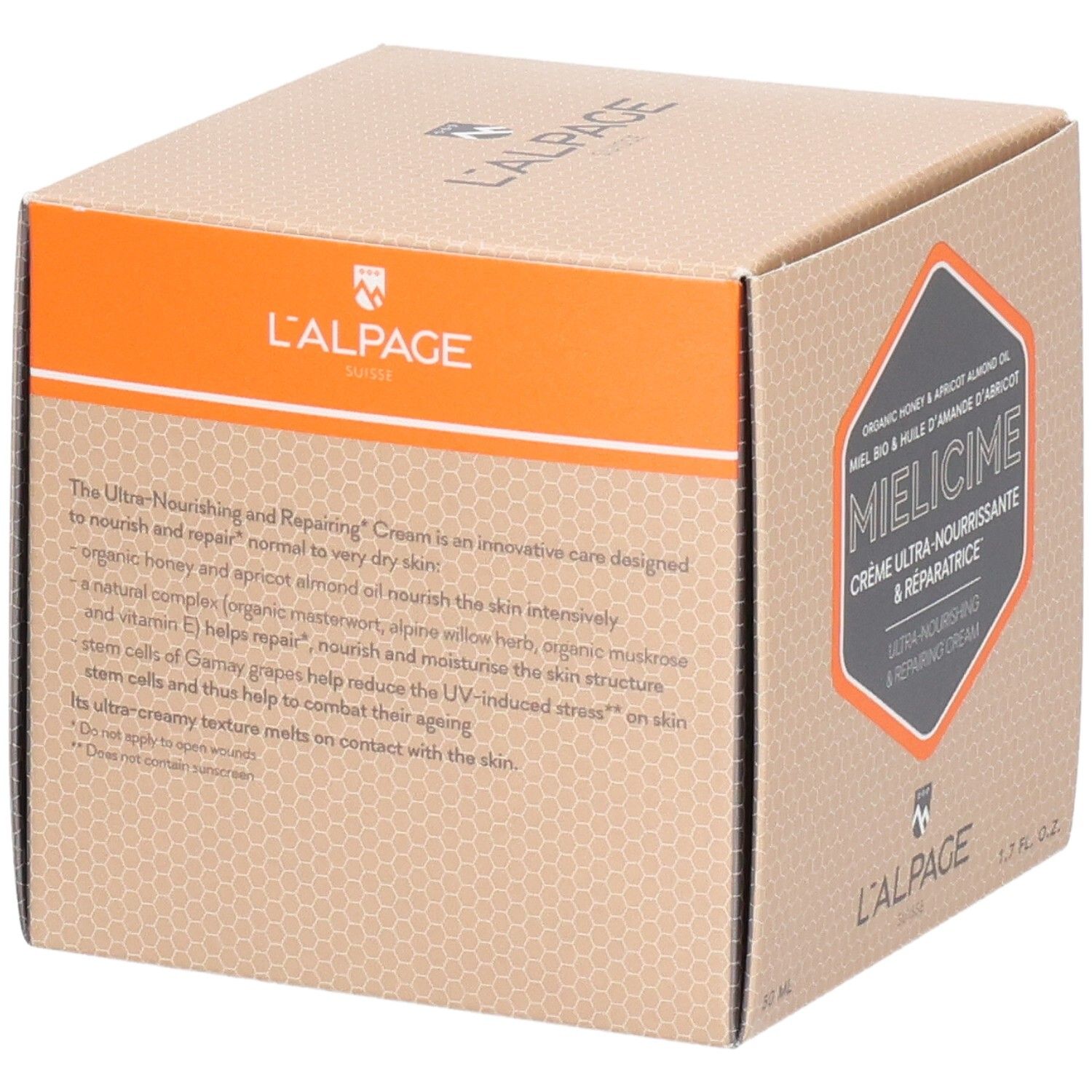 Kartonverpackung L'ALPAGE Mielicime. Textbeschreibung auf der Seite. Produktname und Marke. 1.7 fl. oz.