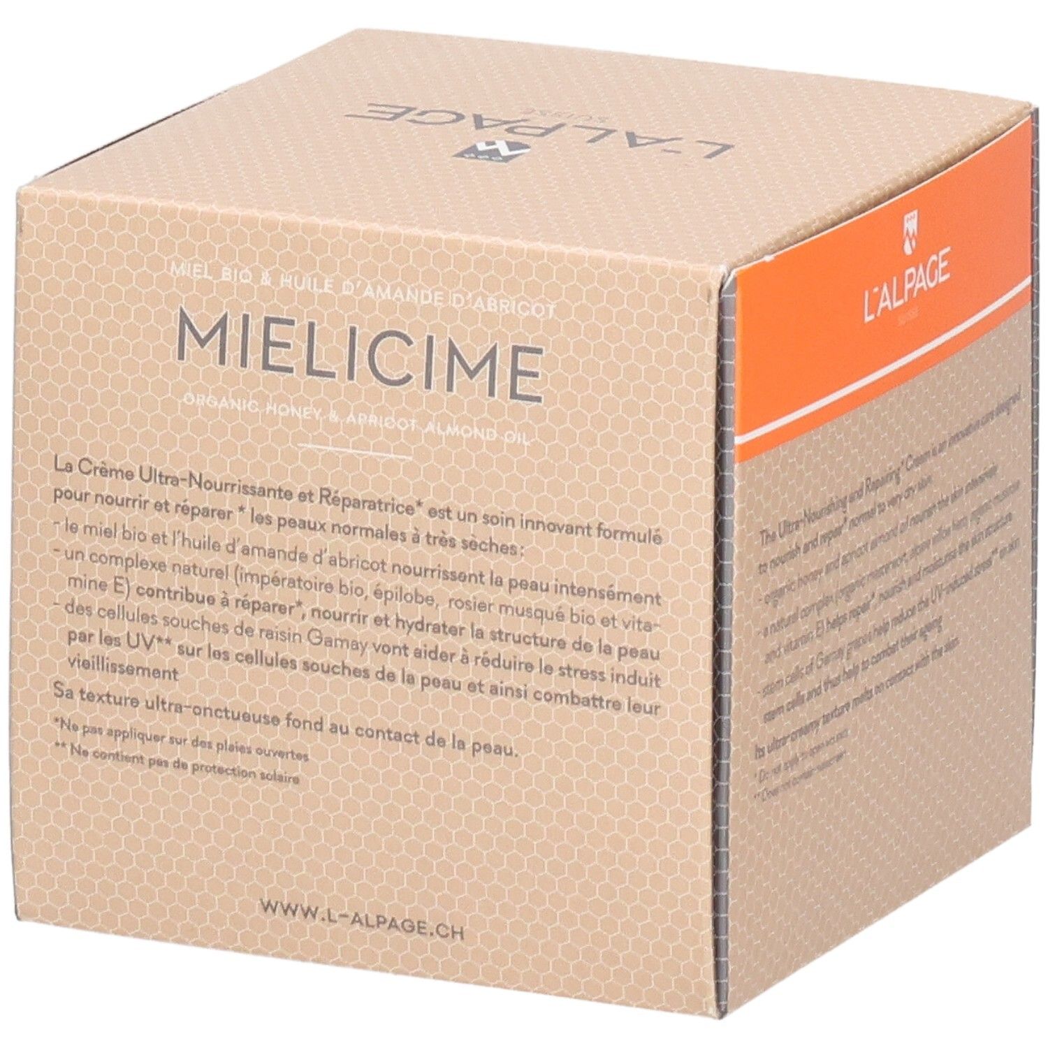 Karton L'ALPAGE Mielicime. Textbeschreibung auf der Seite. Produktname und Marke. Honigwabenmuster.