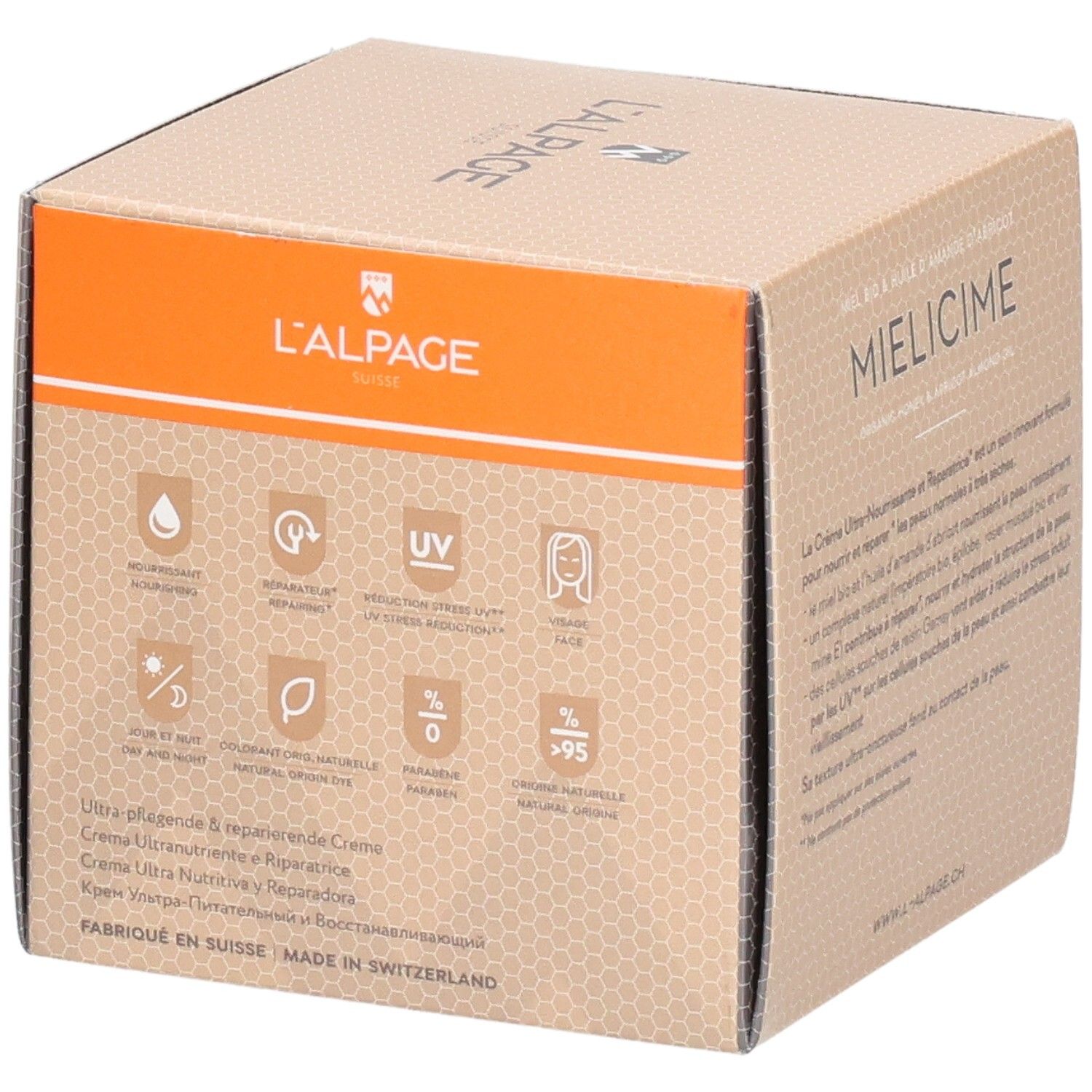 Karton L'ALPAGE Mielicime. Piktogramme und Text auf der Seite. Produktname und Marke. Hergestellt in der Schweiz.