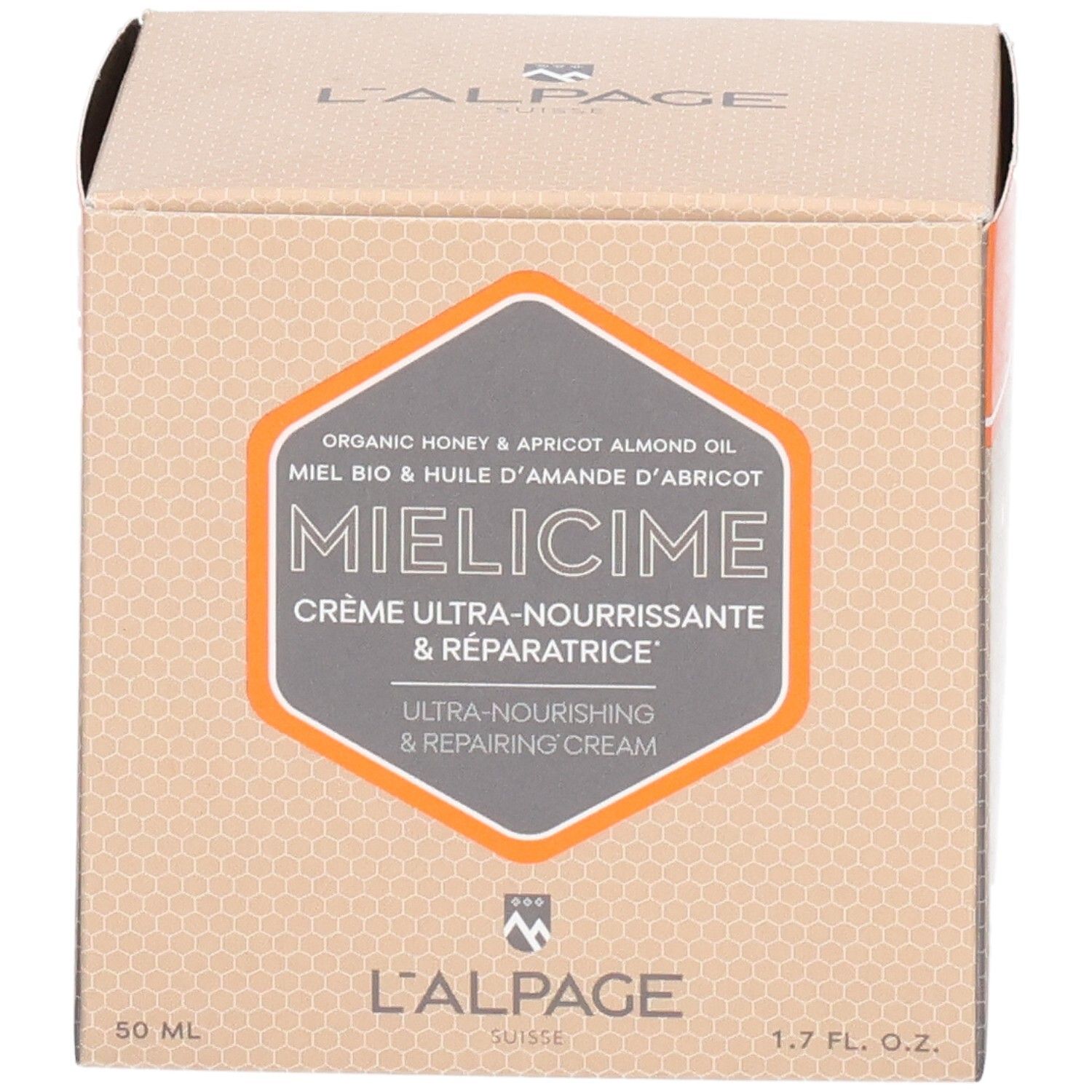 Karton L'ALPAGE Mielicime. Produktname und Inhaltsstoffe. 50 ml, 1.7 fl. oz. Orangefarbener Hintergrund.