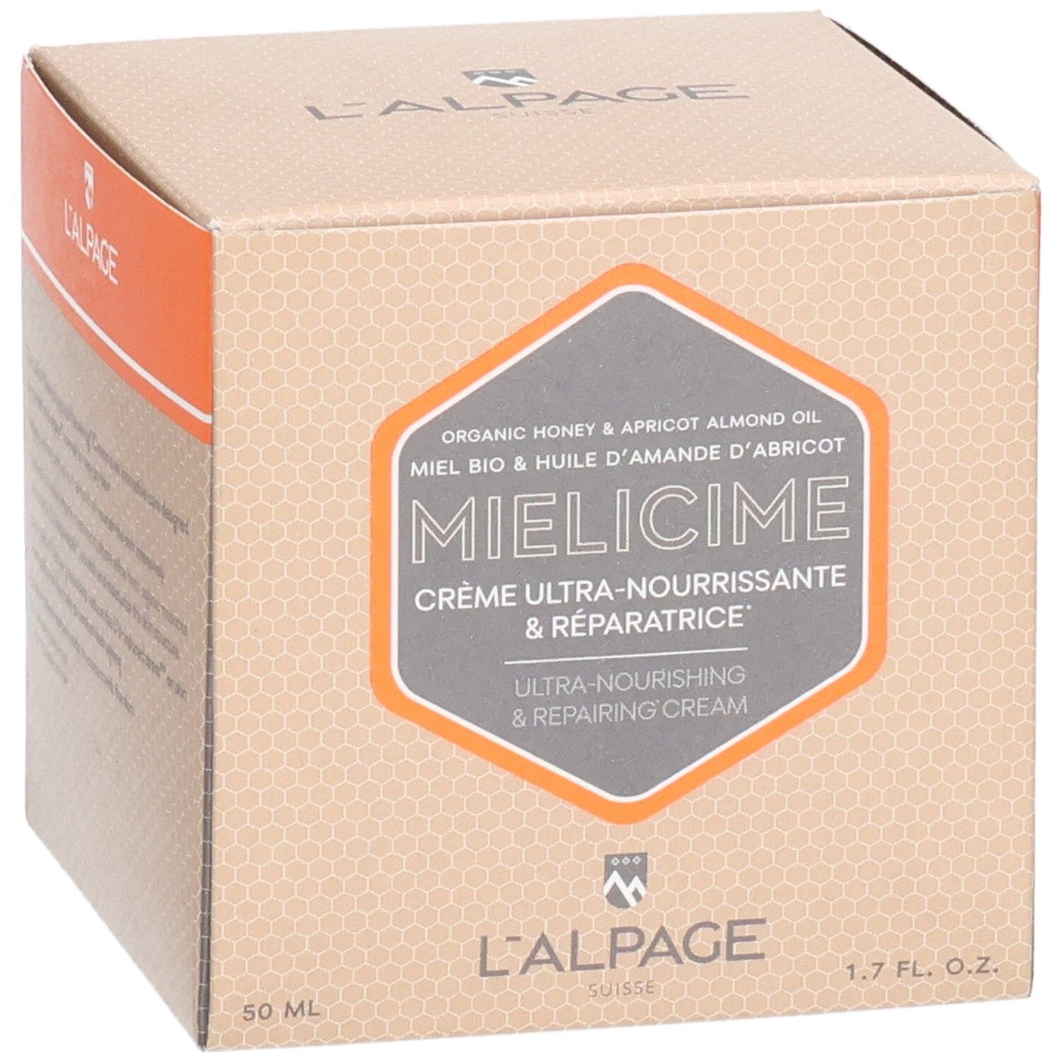 Karton L'ALPAGE Mielicime. Produktname und Inhaltsstoffe. 50 ml, 1.7 fl. oz. Orangefarbener Hintergrund.