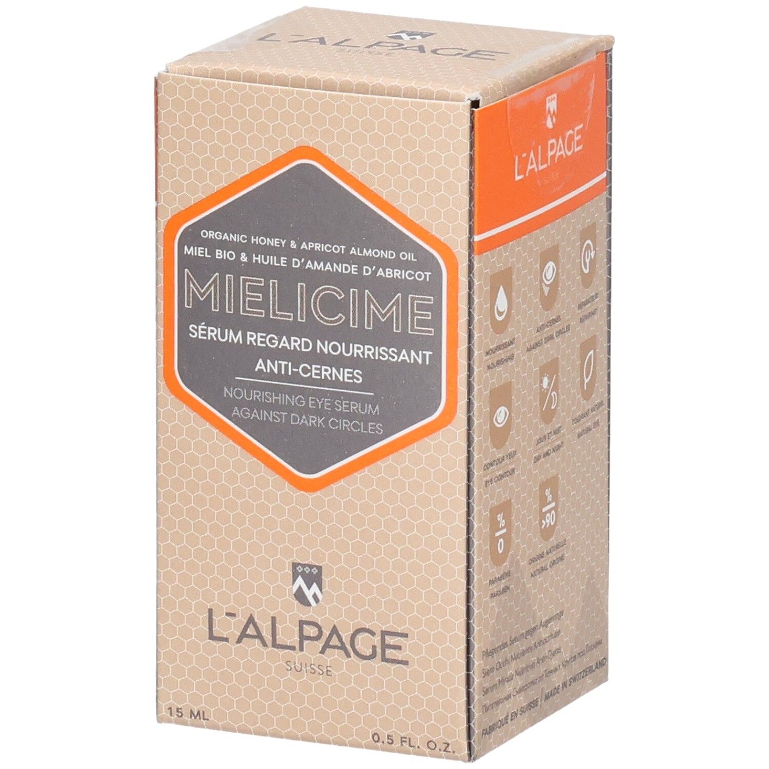 L'ALPAGE Mielicime Serum-Box. Vorderseite mit Produktnamen und Logo. Honigwabenmuster.