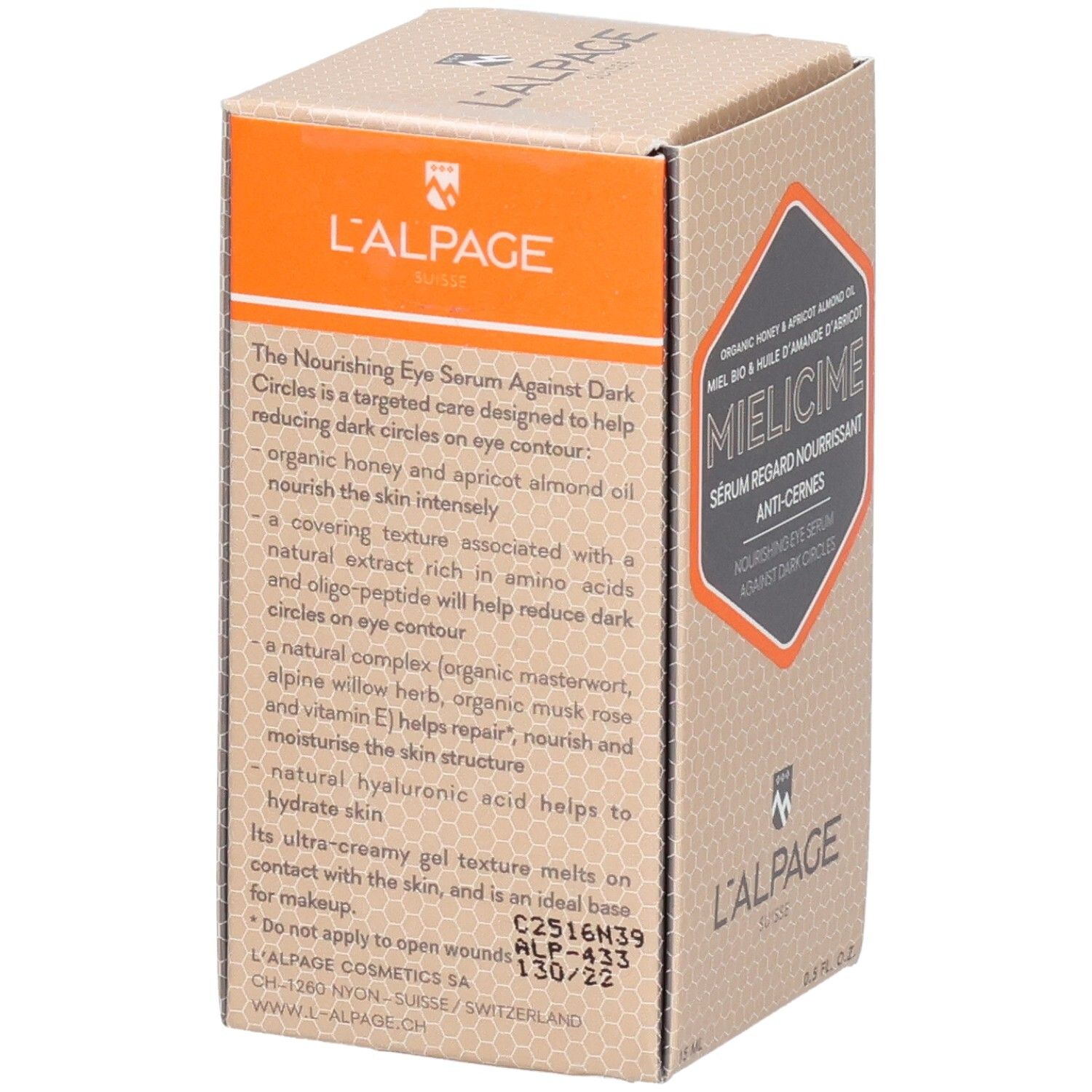 Rückseite der L'ALPAGE Mielicime Serum-Box. Text mit Inhaltsstoffen und Anwendungshinweisen.