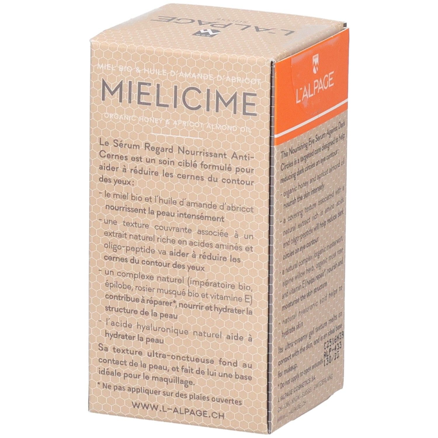 Französische Beschreibung auf der L'ALPAGE Mielicime Serum-Box. Inhaltsstoffe und Anwendung.