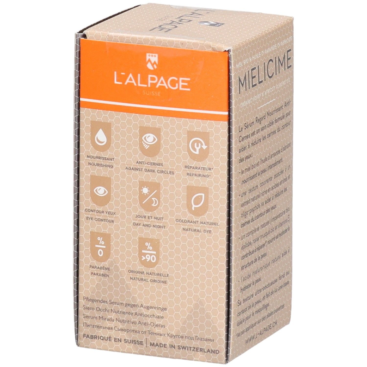 Rückseite der L'ALPAGE Mielicime Serum-Box. Icons und Produktinformationen.