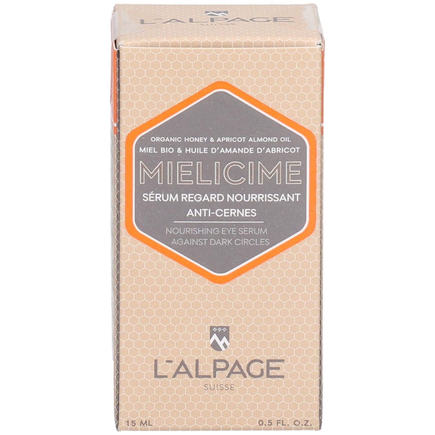 Vorderseite der L'ALPAGE Mielicime Serum-Box. Produktname, Logo und Inhaltsstoffe.