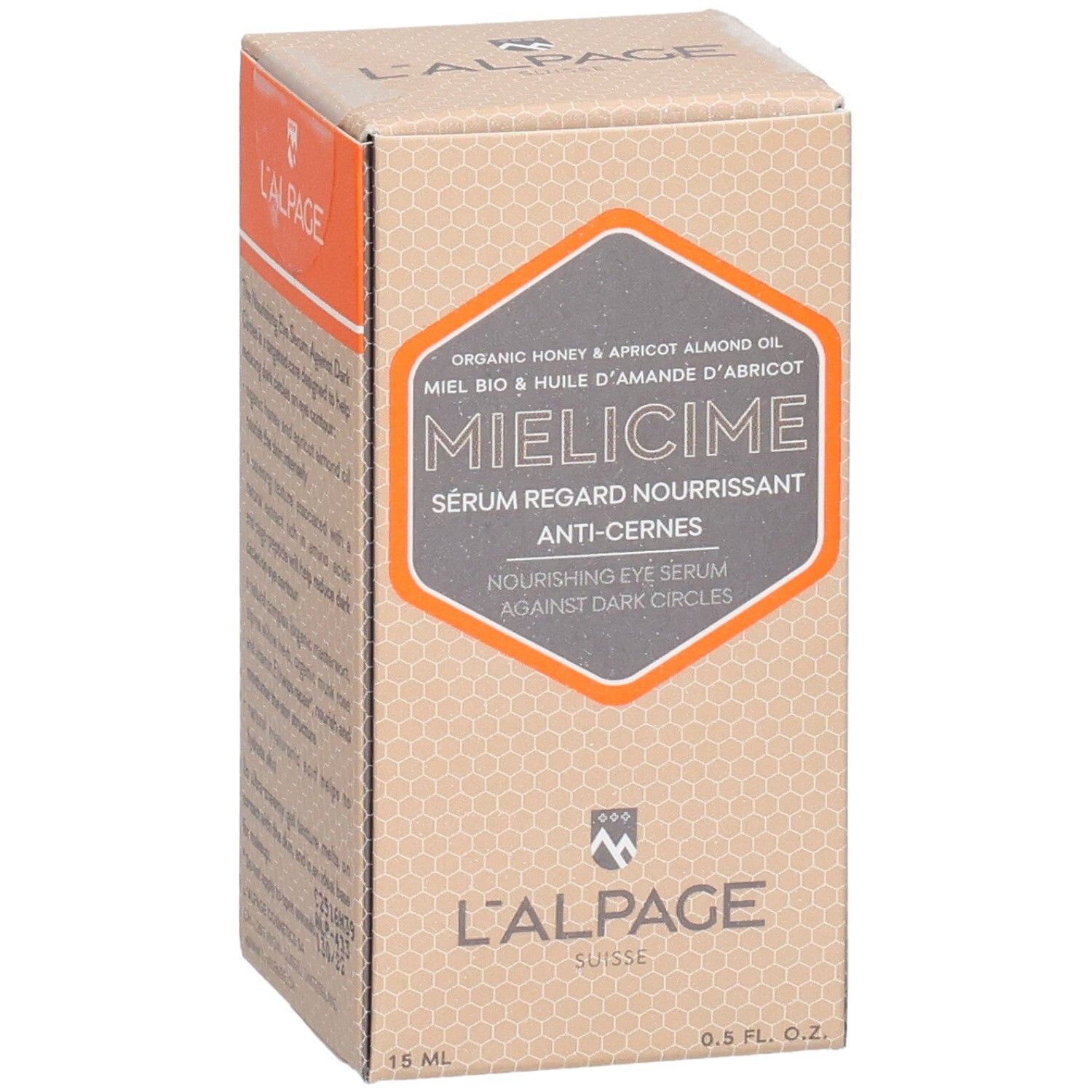 Vorderseite der L'ALPAGE Mielicime Serum-Box. Produktname, Logo und Inhaltsstoffe.
