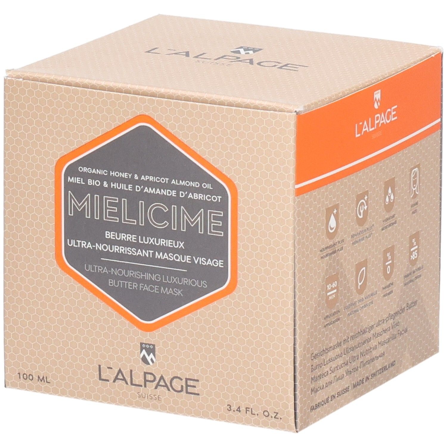 Kartonverpackung mit Produktaufdruck. Orangefarbene Akzente. Produktname: Mielicime. Text: Ultra-pflegende Gesichtsmaske.
