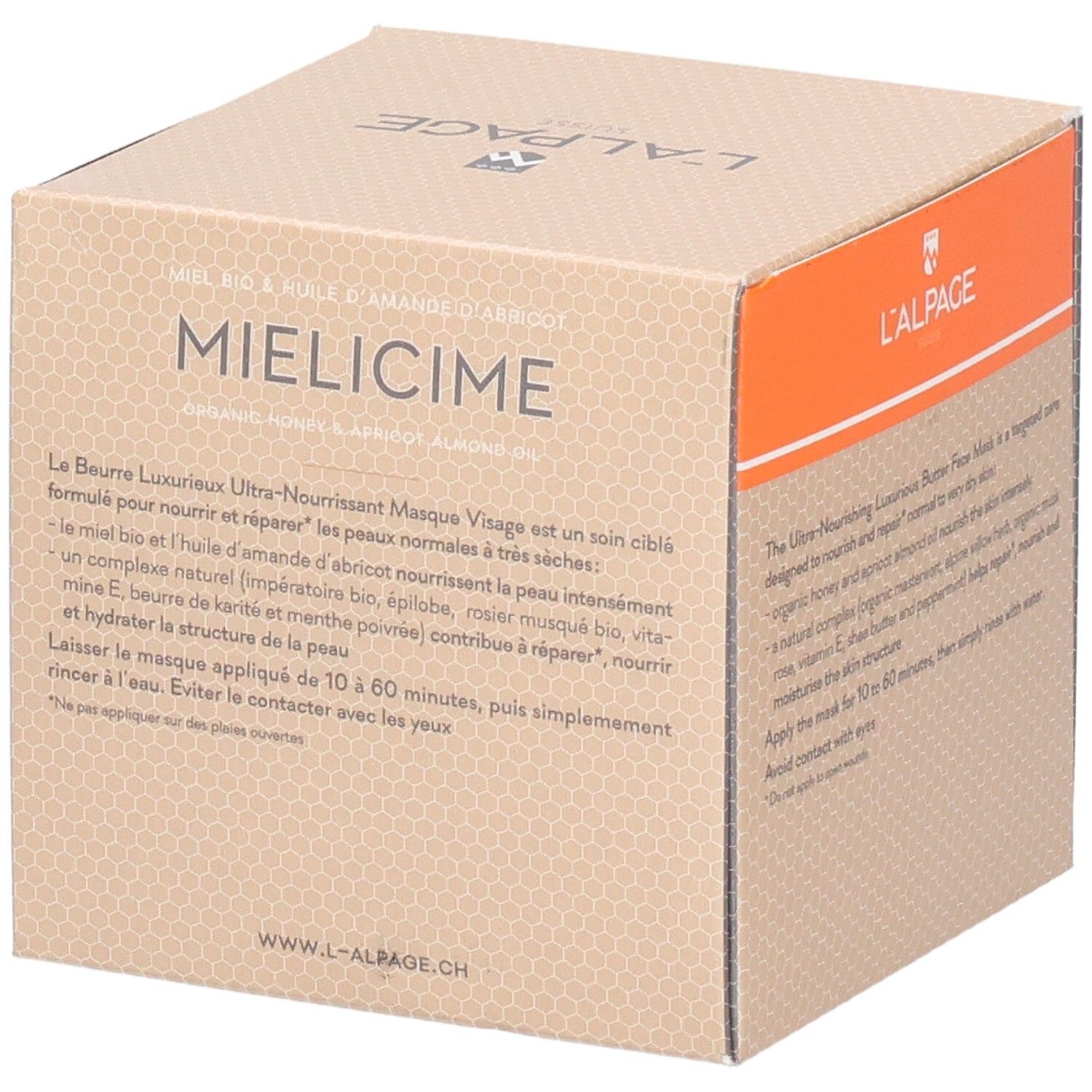 Kartonverpackung mit Produktbeschreibung. Orangefarbener Akzent. Text: Ultra-pflegende Gesichtsmaske. Marke: L'ALPAGE.