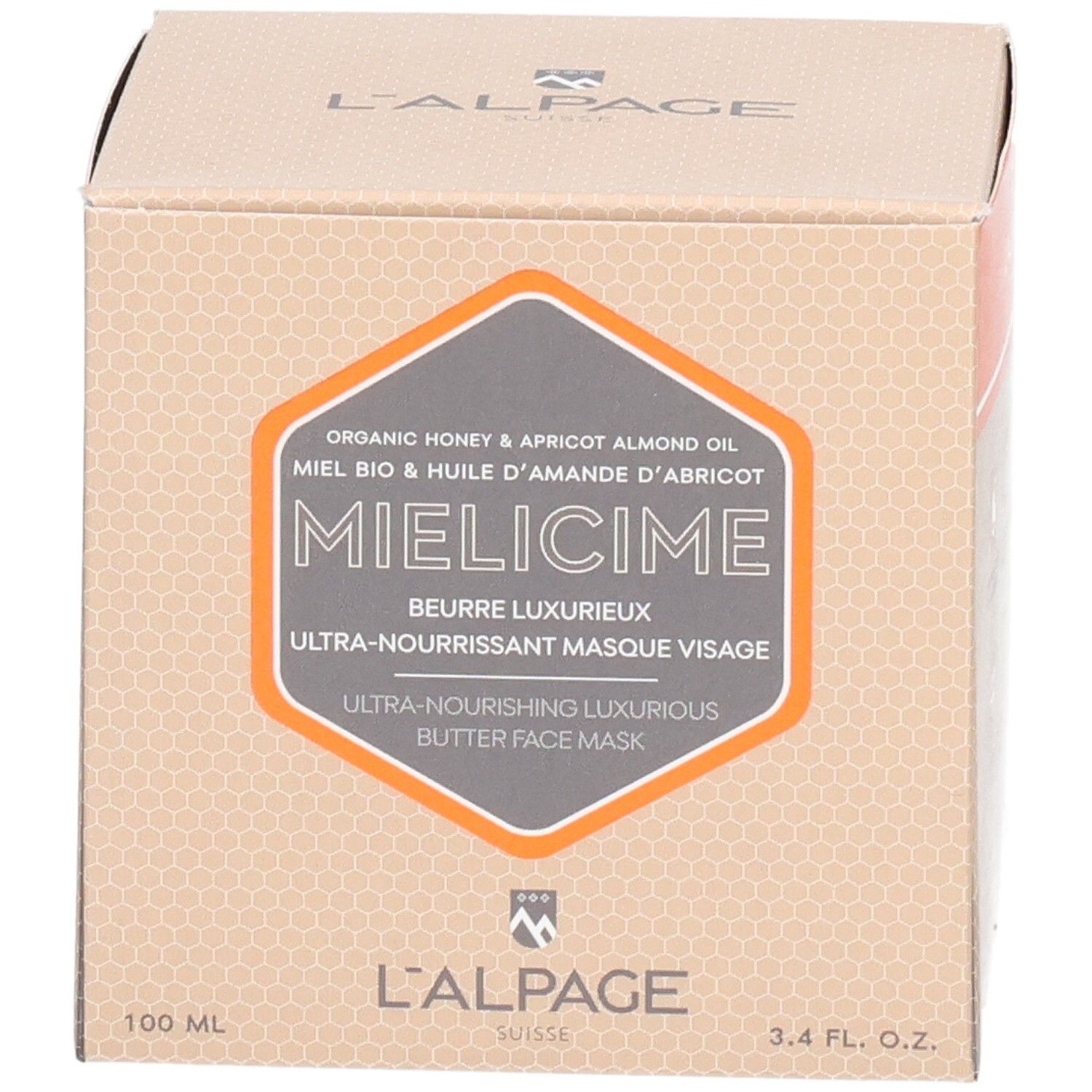 Kartonverpackung mit Produktaufdruck. Orangefarbene Akzente. Produktname: Mielicime. Text: Ultra-pflegende Gesichtsmaske.