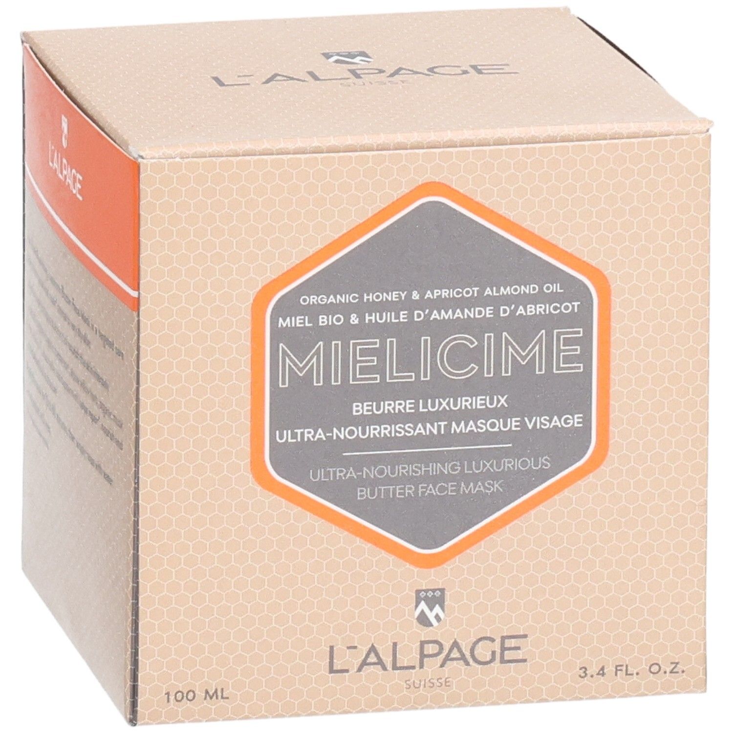 Kartonverpackung mit Produktaufdruck. Orangefarbene Akzente. Produktname: Mielicime. Text: Ultra-pflegende Gesichtsmaske.