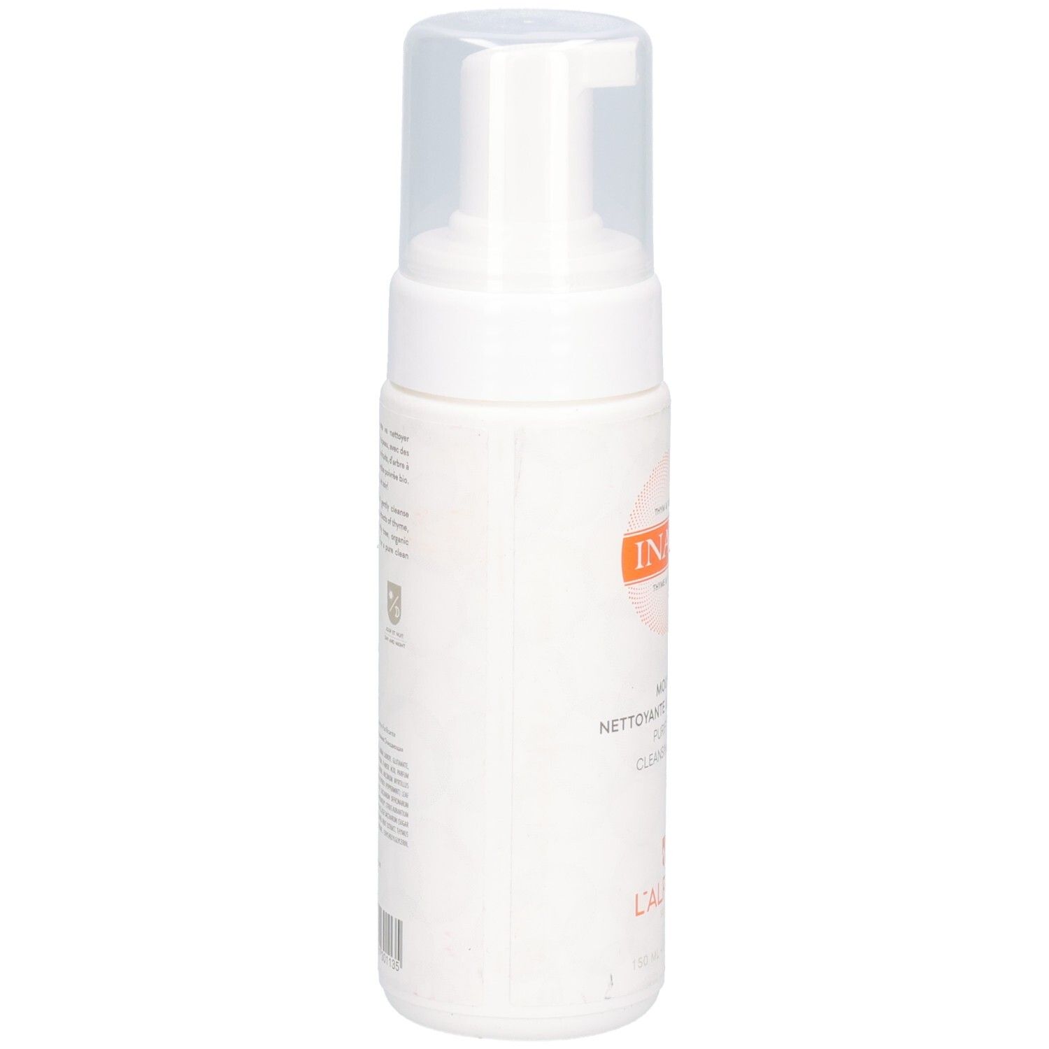 Weiße Flasche mit Sprühkopf. Orangefarbener Kreis mit INALP-Logo. Text: Mousse Nettoyante & Purifiante, L'ALPAGE.