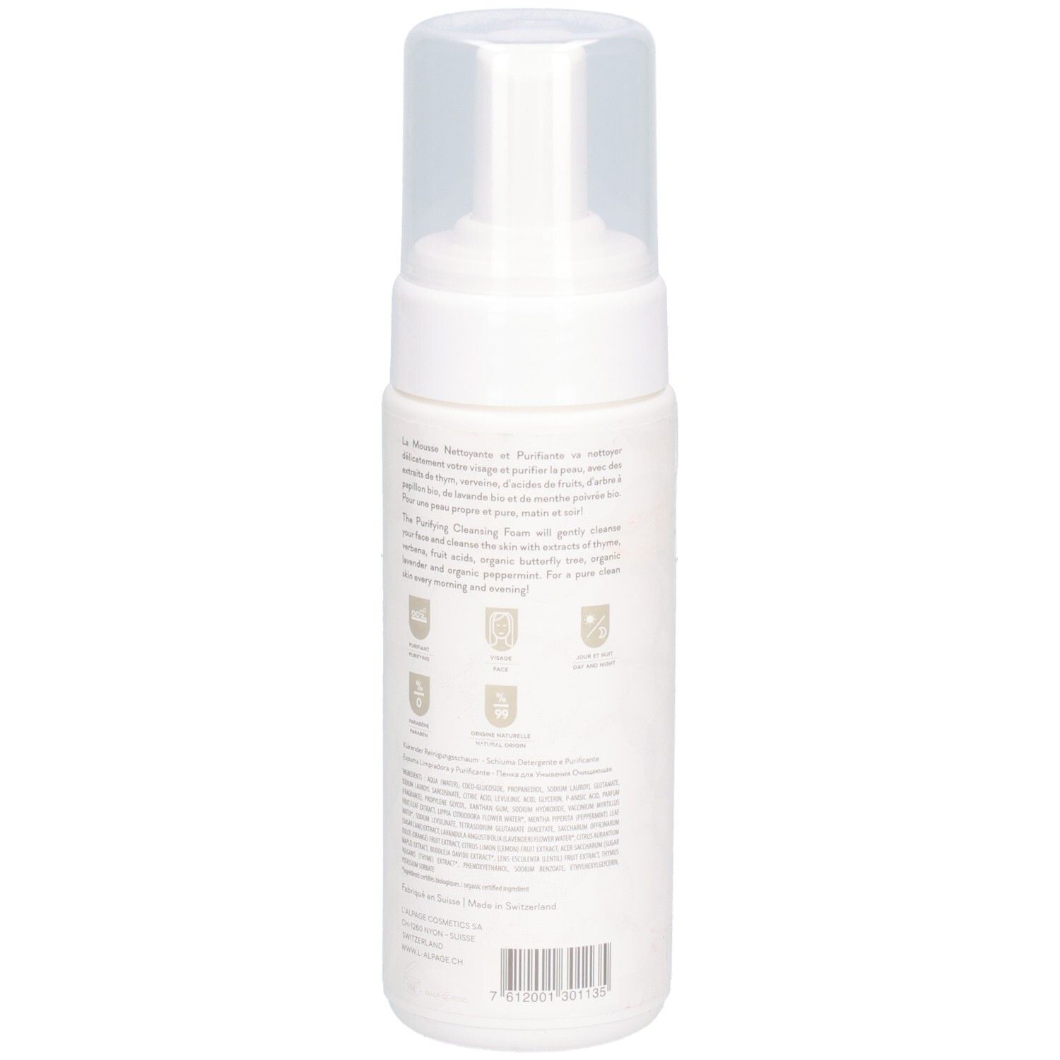 Weiße Flasche mit Sprühkopf. Text auf der Rückseite. Logos und Text. L'ALPAGE.
