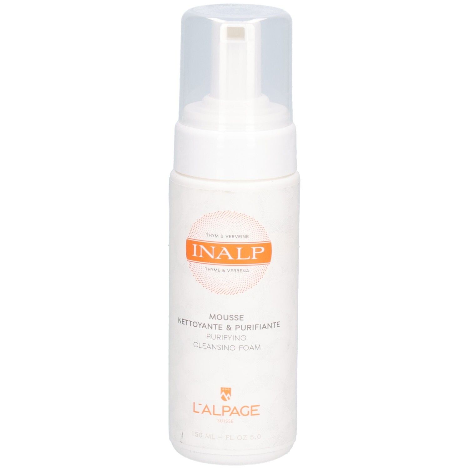 Weiße Flasche mit Sprühkopf. Orangefarbener Kreis mit INALP-Logo. Text: Mousse Nettoyante & Purifiante, L'ALPAGE.