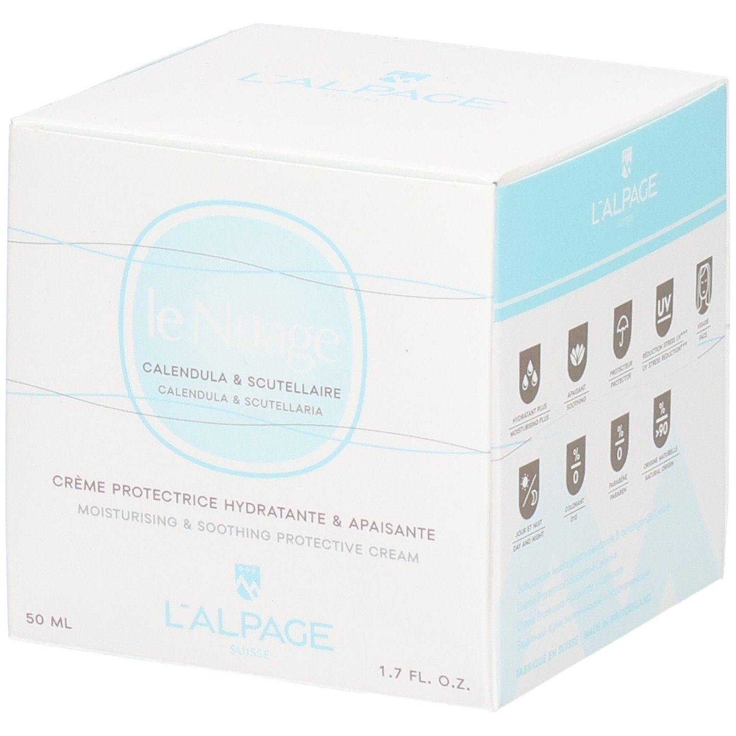Weißer Karton mit Produktnamen und Logo. Symbole für Schutz. Text: Crème Protectrice Hydratante & Apaisante. 1.7 FL. OZ.