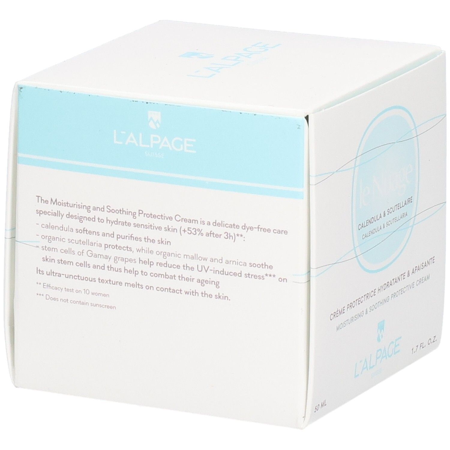 Weißer Karton mit Produktnamen und Logo. Text: Feuchtigkeitsspendende und beruhigende Schutzcreme. 50 ML. Text auf Französisch.
