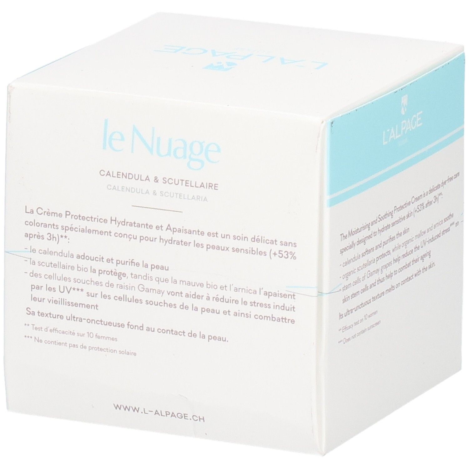Weißer Karton mit Produktnamen und Logo. Text auf Französisch. Text: Crème Protectrice Hydratante & Apaisante. www.l-alpage.ch