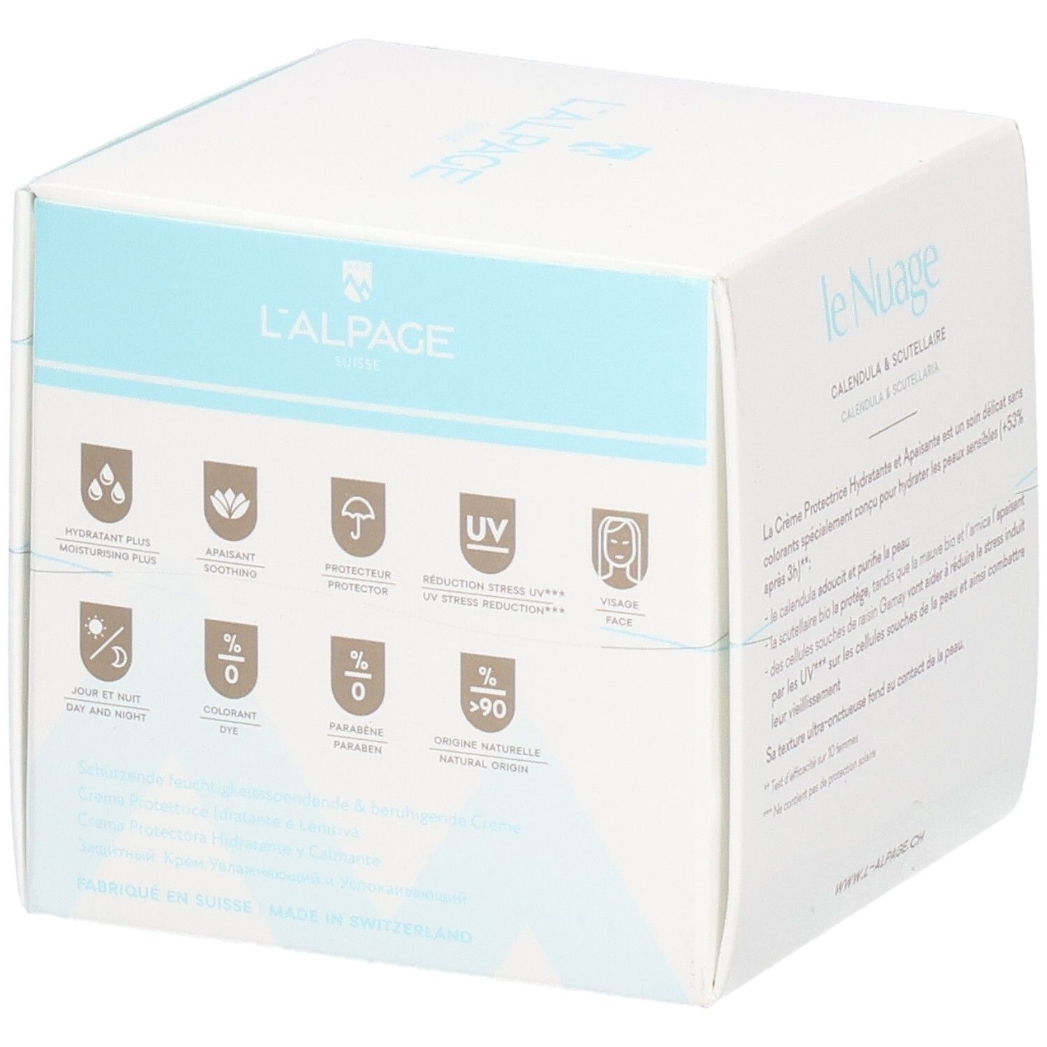 Weißer Karton mit Produktnamen und Logo. Symbole und Text auf Französisch. Text: Crème Protectrice Hydratante & Apaisante.