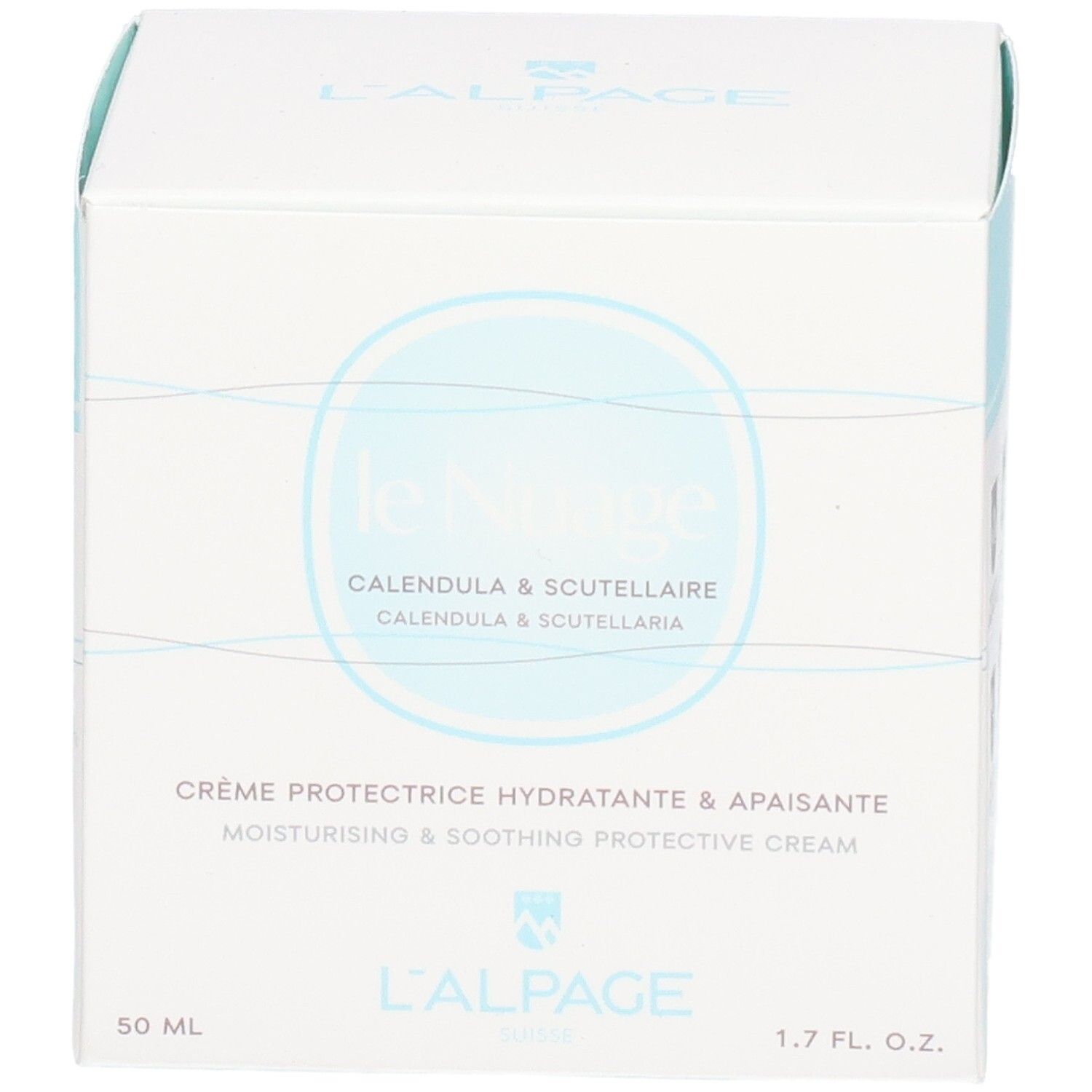 Weißer Karton mit Produktnamen und Logo. Text: Crème Protectrice Hydratante & Apaisante. 50 ML. 1.7 FL. OZ.