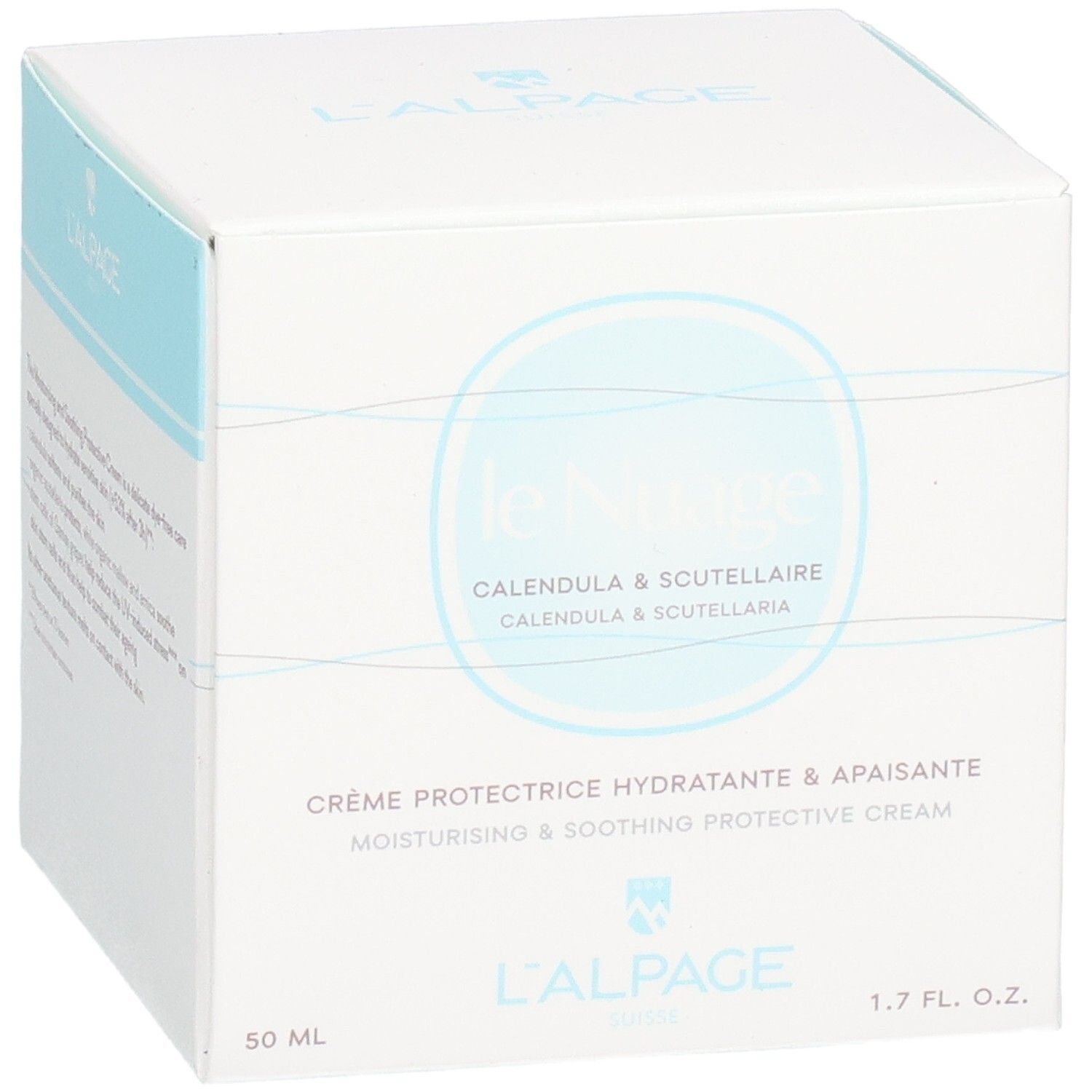 Weißer Karton mit Produktnamen und Logo. Text: Crème Protectrice Hydratante & Apaisante. 1.7 FL. OZ. 50 ML.