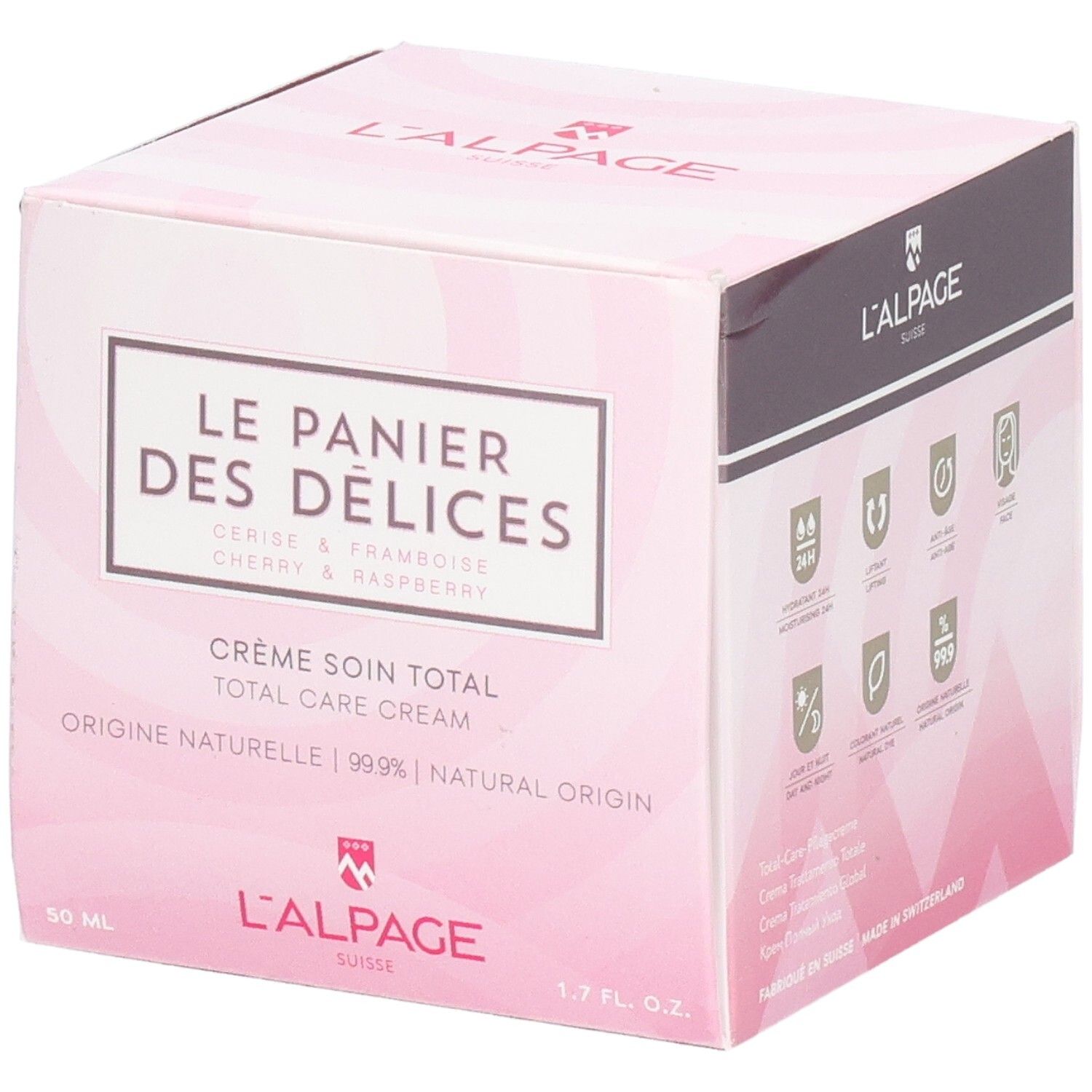 Rosa Verpackung mit Produktnamen und Logo. Text: Crème soin total, Kirsche & Himbeere. Marke: L'ALPAGE.