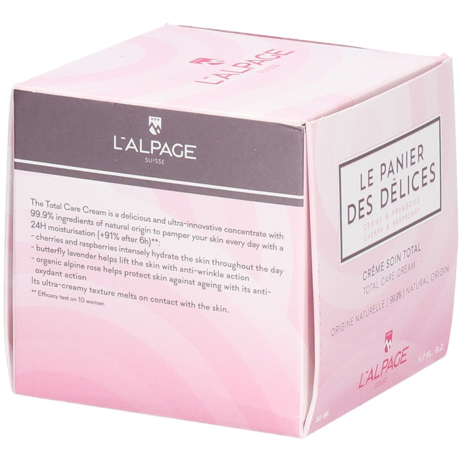 Rosa Verpackung mit Produktnamen und Logo. Text: Crème soin total, Kirsche & Himbeere. Marke: L'ALPAGE.